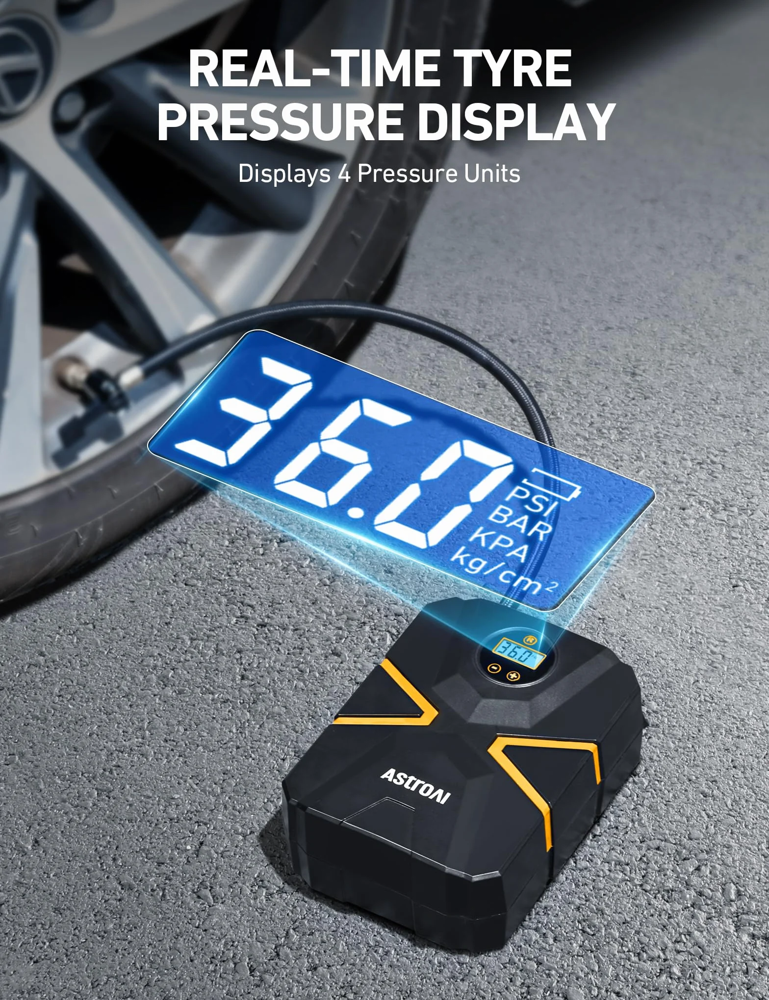 AstroAI Sprężarka do opon 10,3 bar 12 V DC z wyświetlaczem LCD