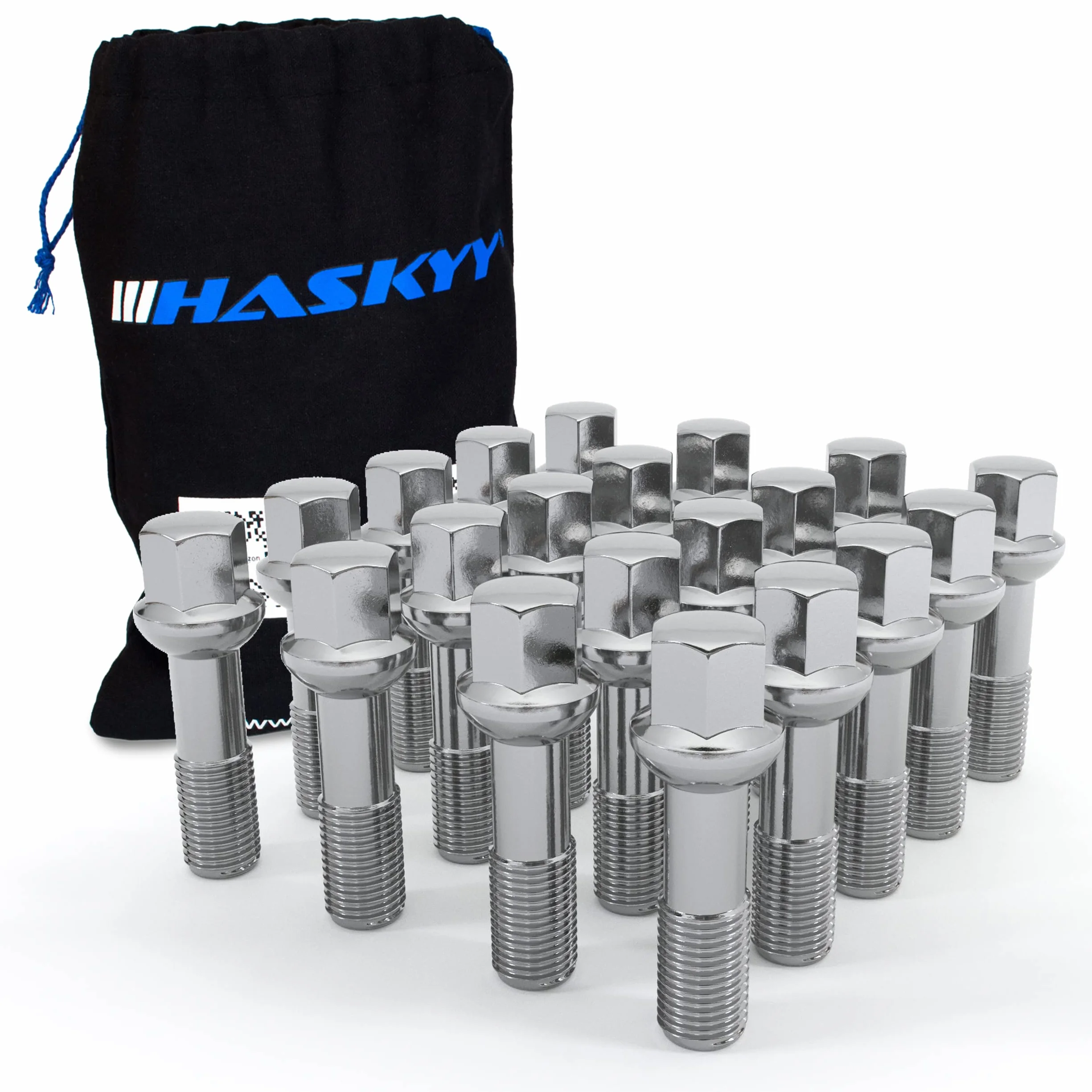HASKYY 20 śrub do kół M14 x 1,5 x 45 mm, bolce do kół CHROM, kulka, kulka R14 + worek na śruby do kół