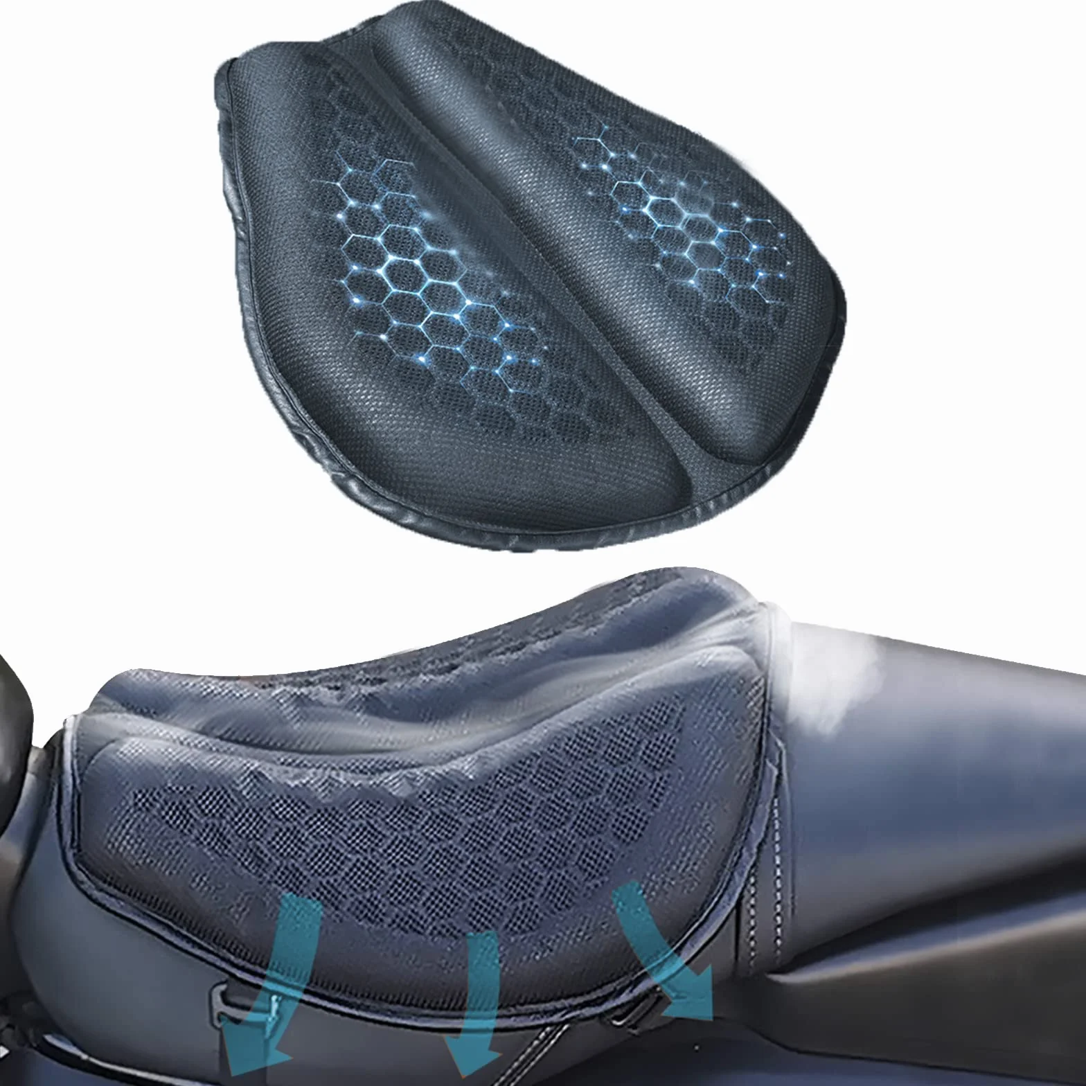 Składana żelowa poduszka na siedzenie motocyklowe, pokrowiec na siedzenie motocyklowe, duża struktura plastra miodu 3D, amortyzacja wstrząsów, oddychająca podkładka na siedzenie na długie