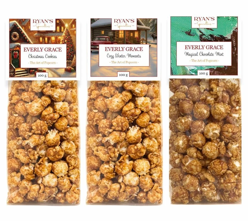Everly Grace Popcorn Winter Bundle – Christmas Cookie, Bavarian Almond Symphony, Magical Chocolate Mint, po 100 g torebki popcornu z naszej manufaktury w Augsburgu, Niemcy
