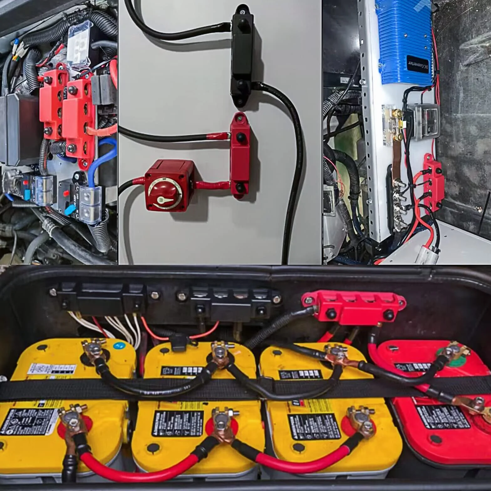 QIMEI-SHOP Szyna Zbiorcza 12 V-48 V DC, Blok Rozdzielczy 250 A z 4 x Bolcami Przyłączeniowymi M8, Do Samochodu, Kampera, Łodzi, Czerwonej, Czarnej, 2