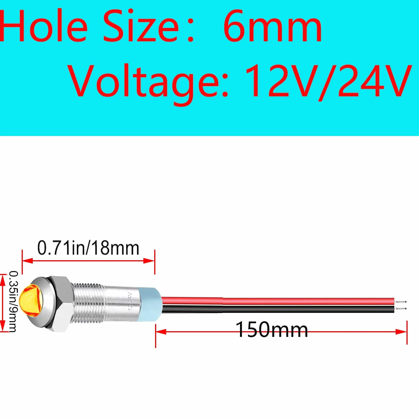 RUNCCI-YUN 10 szt. 12-24 V 6 mm 1/4" DC Metal LED Light, żółty wskaźnik LED Panel 12 V do vana, łodzi