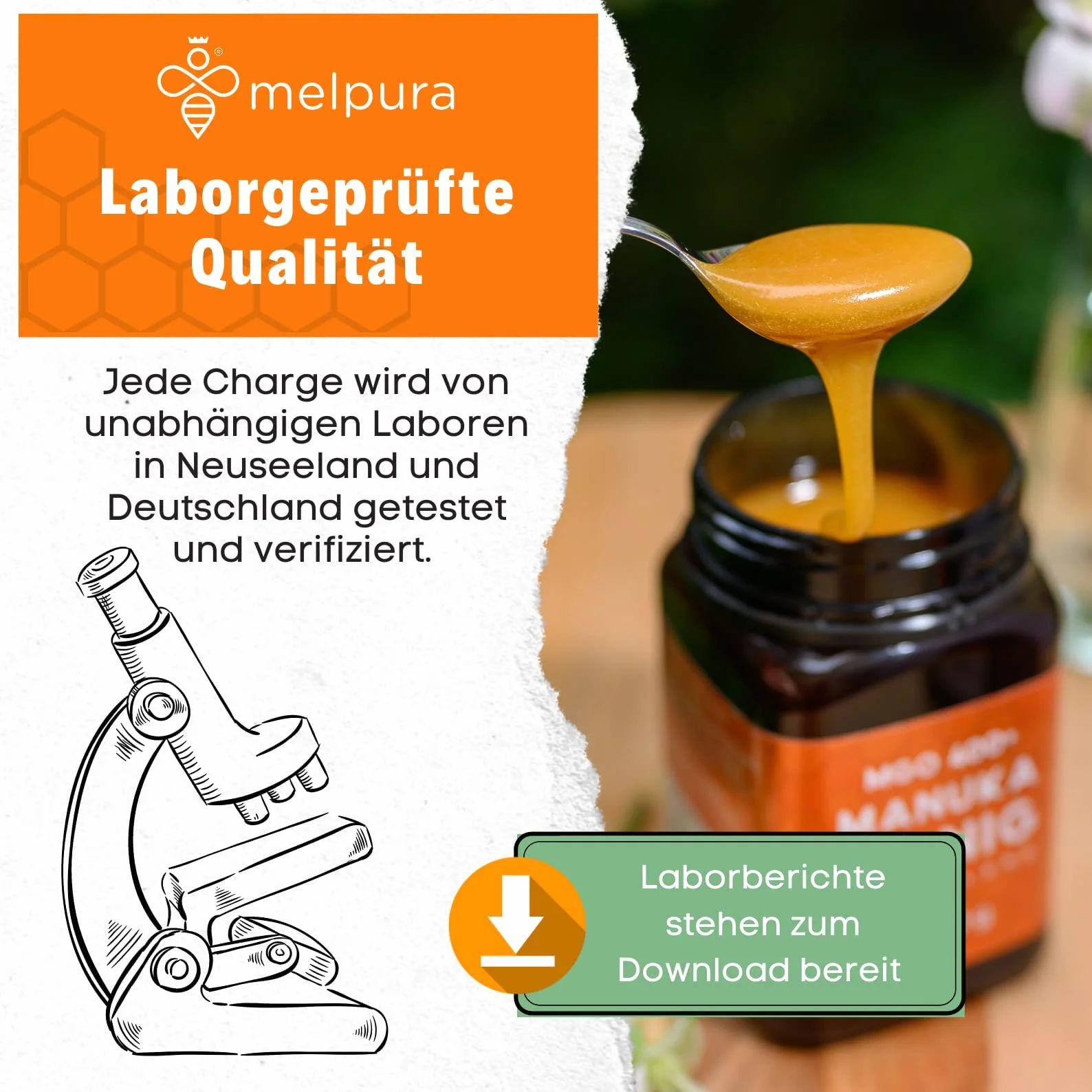 MELPURA Miód Manuka, MGO 400 + 500 g, z Nowej Zelandii z certyfikowaną, naturalną zawartością glizyksu metylowego – testowany laboratoryjnie, zweryfikowane pochodzenie, uczciwy handel bezpośrednio od producenta