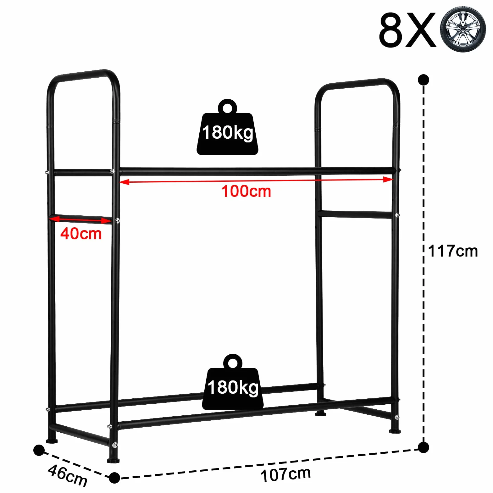 Fiqops Stojak na opony, 2 x regał na opony, 8 opon 107 x 46 x 117 cm, stojak na felgi do opon samochodowych, nośność 180 kg, regał na felgi z osłoną ochronną na opony, do piwnicy, warsztatu, regulacja