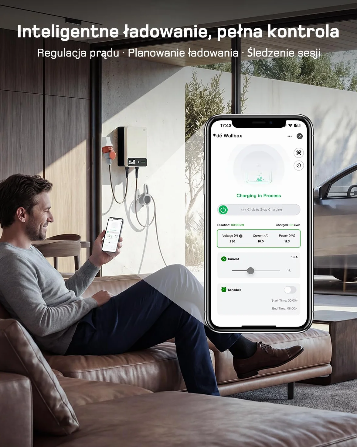 dé Skrzynka ścienna typu 2, 11 kW, z aplikacją i RFID, 6-16 A, 3-fazowa ładowarka EV, 400 V z kablem do ładowania 7 m i uchwytem na kabel do ochrony BEV/PHEV, RCD typu B i IP54, wydajna stacja