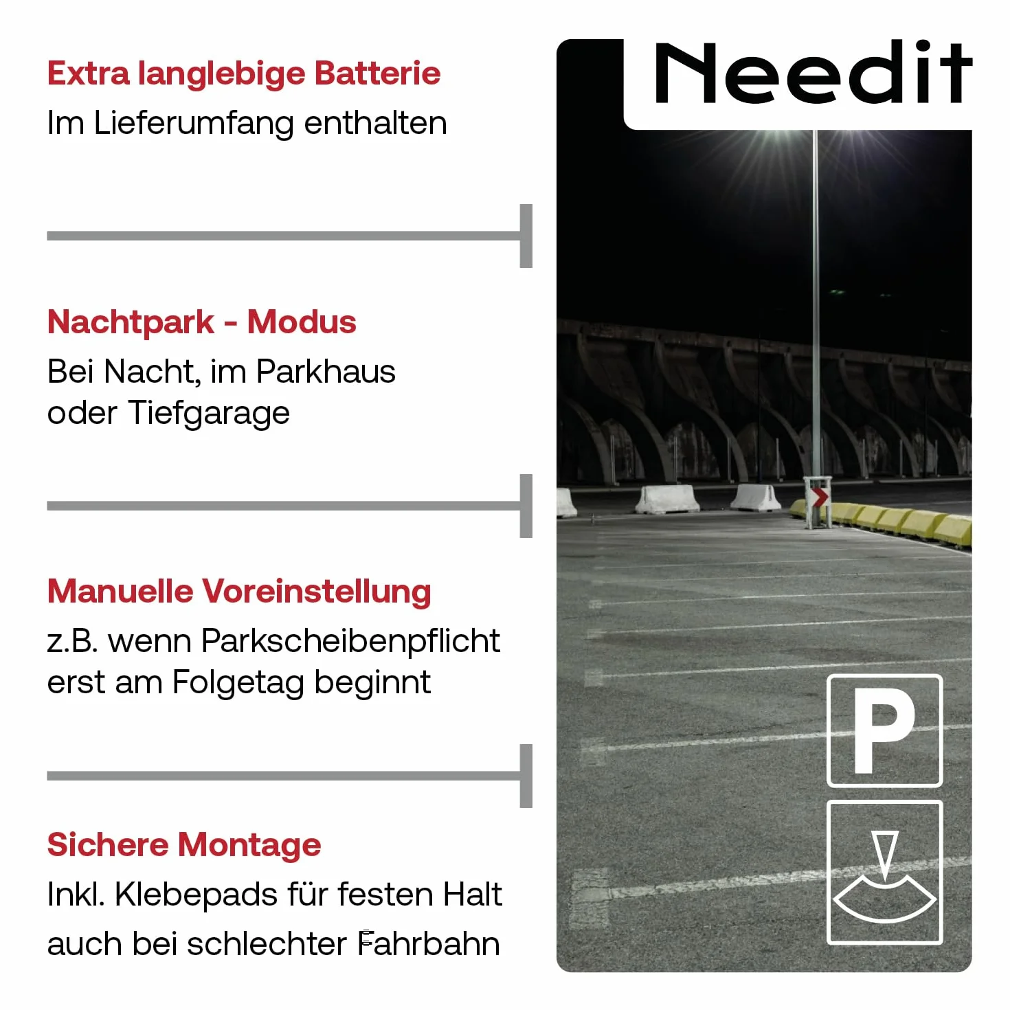 Needit Elektroniczna tarcza parkingowa Park Mini I automatyczna elektryczna tarcza parkingowa z dopuszczeniem Federalnego Urzędu ds. Ruchu Samochodowego I Cyfrowy zegar parkingowy z 2 wyświetlaczami I