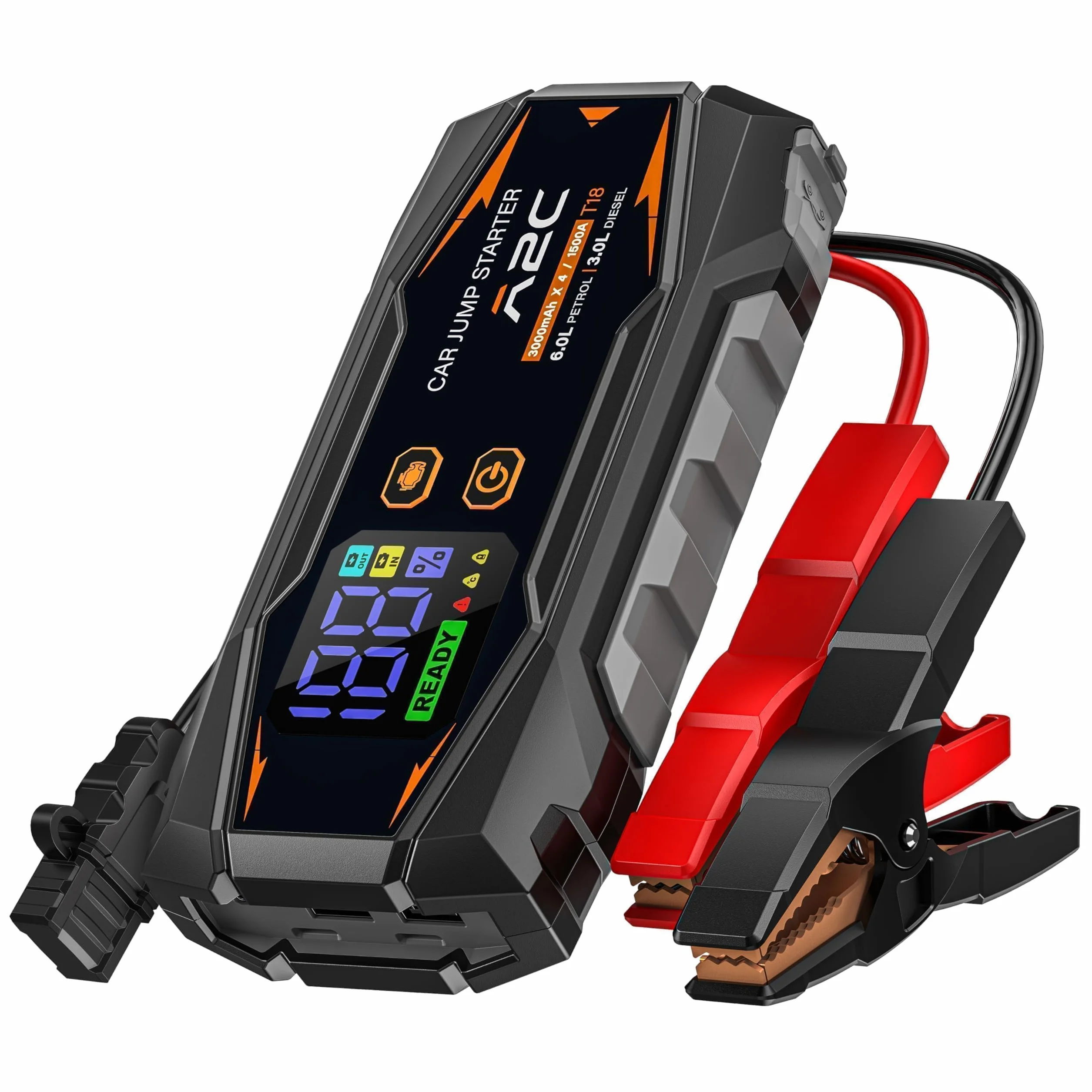 A2C 1500A Jump Starter, 12V (do 6 l lub olej napędowy 3L), Power Bank 12000mAh (PD/QC 3.0) z 3 portami USB C, rozrusznik samochodowy z przewodami rozruchowymi, wyświetlaczem LED i światłem
