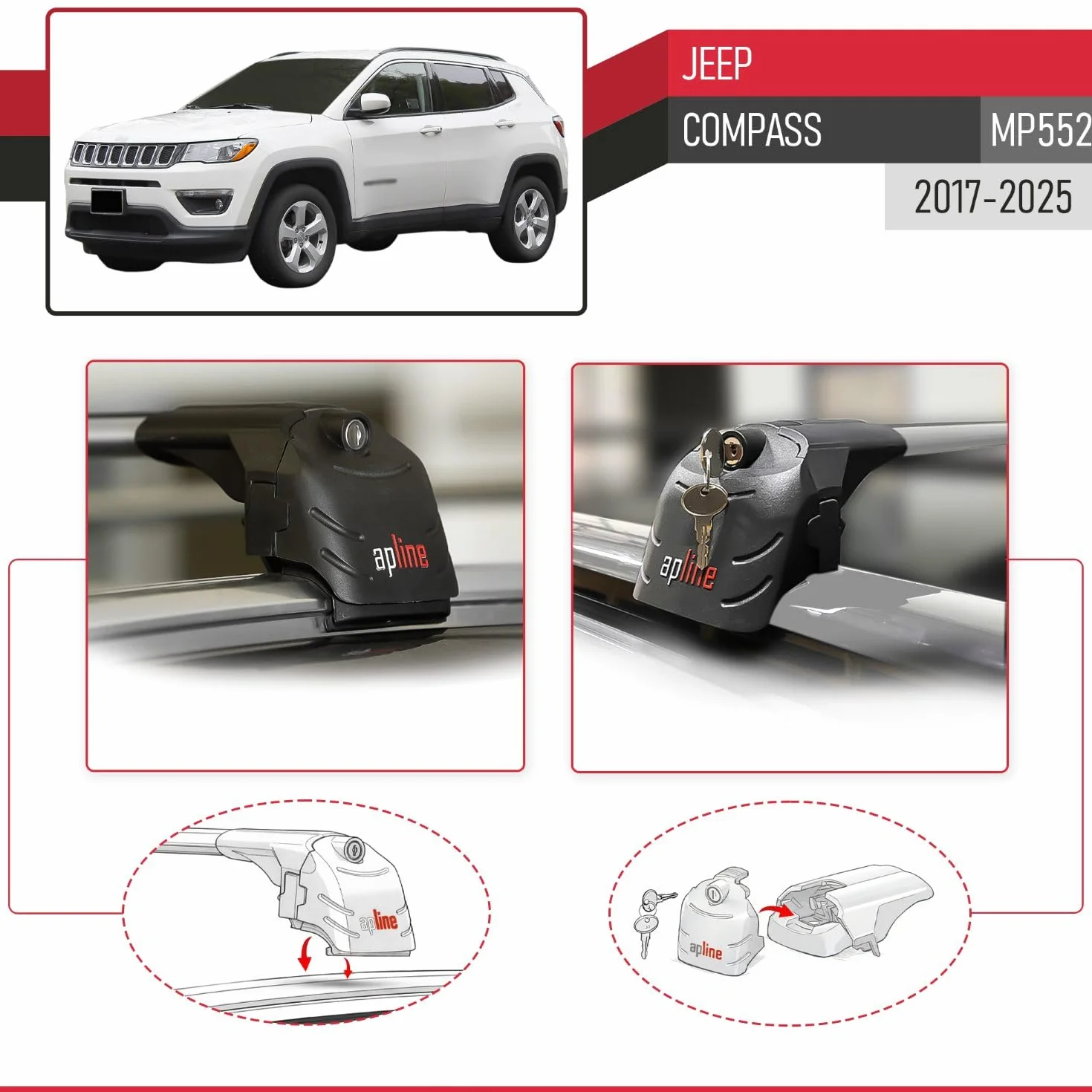Kompatybilny z Jeep Compass (MP552) 2017-2025 ACE-2 Model Aluminiowe poprzeczki dachowe Szary 2 szt.