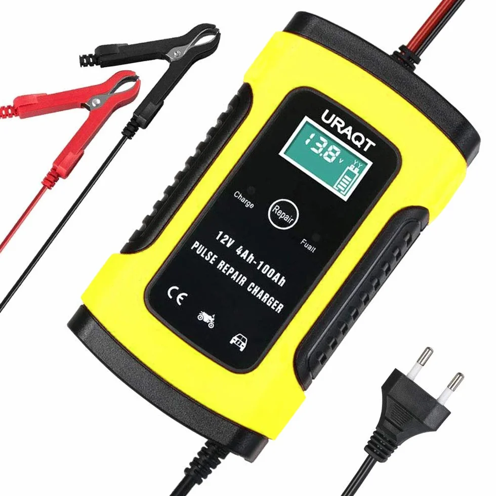 URAQT Ładowarka do akumulatora samochodowego, 6 A/12 V, w pełni automatyczna, inteligentna ładowarka podtrzymująca z wyświetlaczem LCD, odsiarczanie baterii z ochroną wielokrotną do samochodu, motocykla, łodzi (żółta)