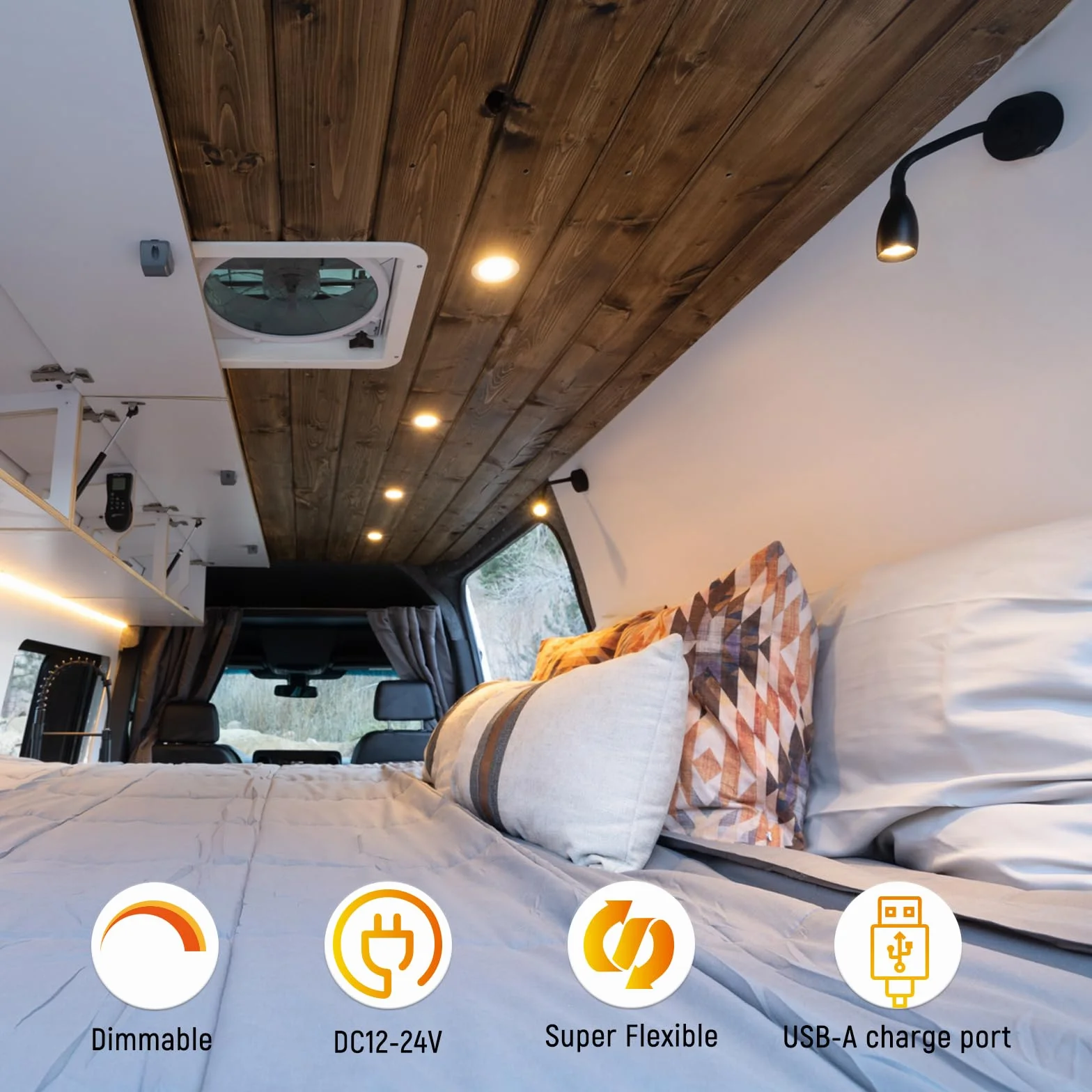 2 x lampa do czytania 12 V LED elastyczna szyja łabędzia regulowana jasność lampa ścienna 3200 K 24 V do samochodu kempingowego, przyczepa, lampka nocna, z ładowarką USB i ściemniaczem