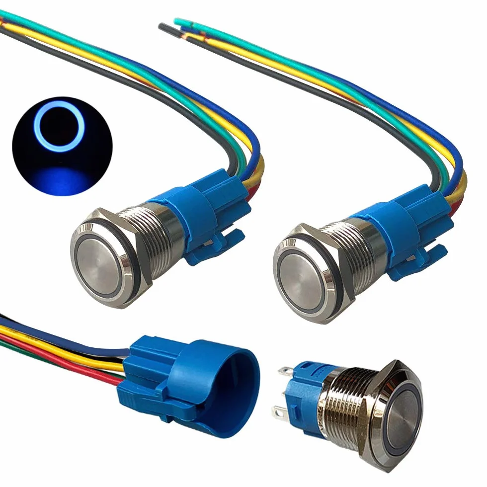 3 szt. premium 12 V/24 V 5 A chwilowy przełącznik przyciskowy, 19 mm przełącznik rozruchowy do samochodu, niebieskie światło LED ze stali nierdzewnej IP67 wodoodporny przełącznik z przewodem wtykowym