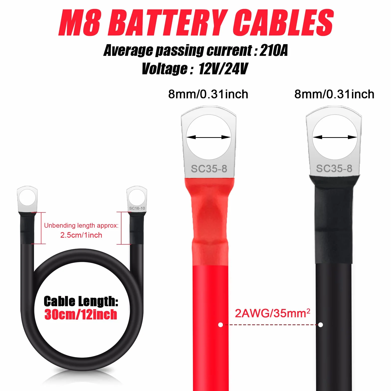 JatilEr 2 sztuki kabli do akumulatora M8 30 cm, kabel do akumulatora 12 V, kabel akumulatorowy 35 mm2 miedziany, kabel zasilający do mostkowania, kabel plus do akumulatora samochodowego z 2 oczkami
