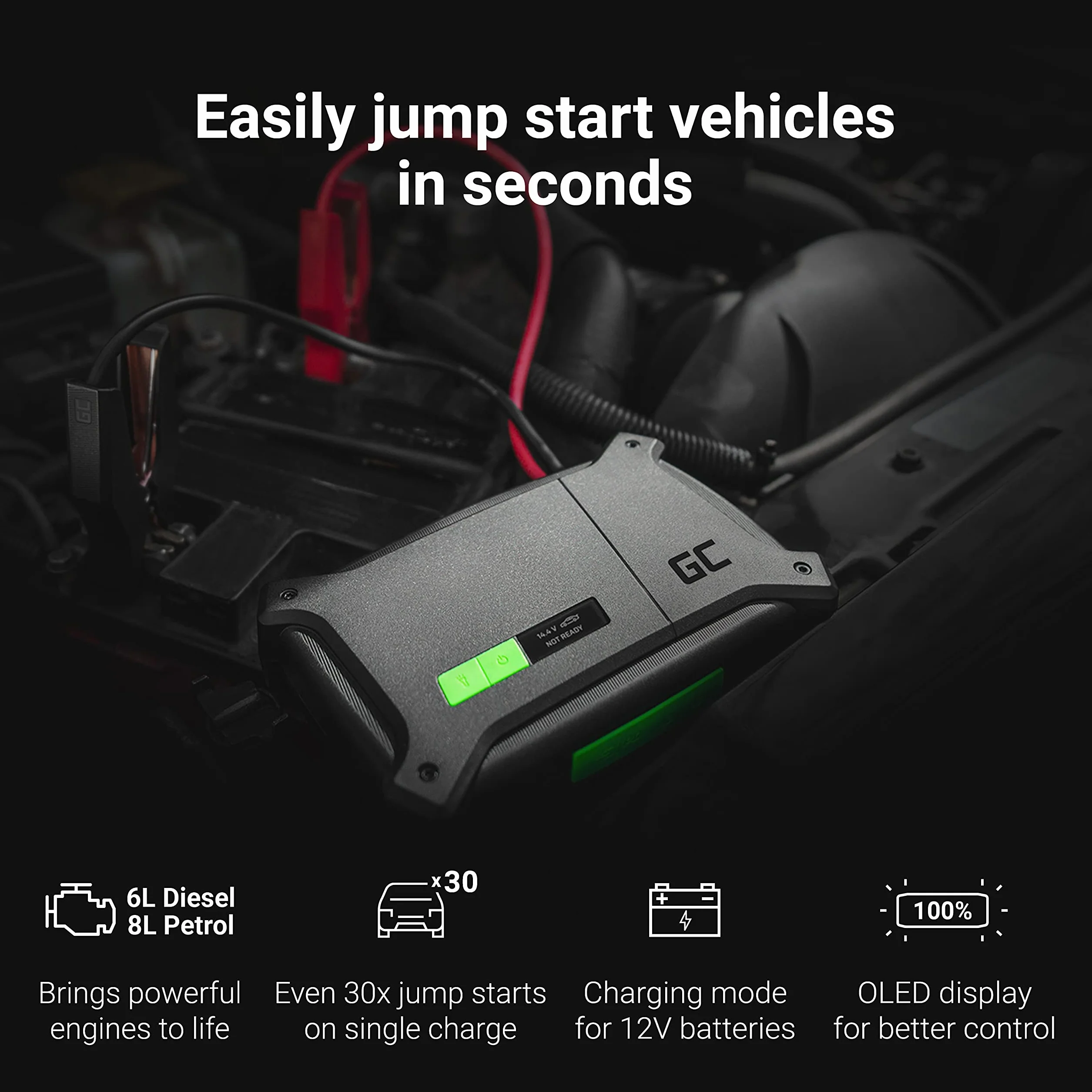 Green Cell® Jump Starter GC PowerBoost | 16000mAh 2000A | dla 8L silników benzynowych i 6L Dieseli | Przenośne urządzenie rozruchowe | Booster | Prostownik do akumulatora | Kable rozruchowe | IP64 LED