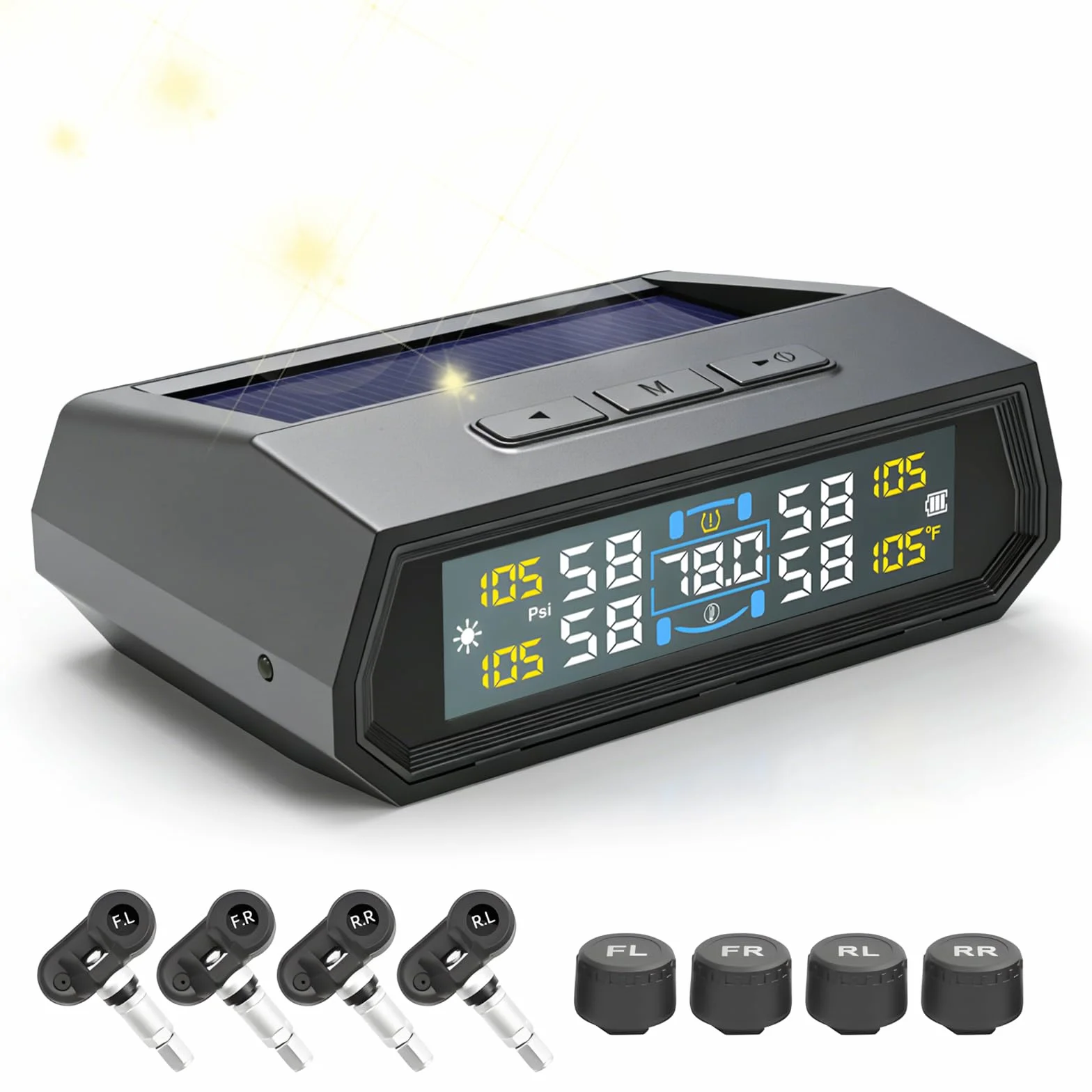 TPMS system kontroli ciśnienia w oponach, zasilany energią słoneczną, cyfrowy system kontroli ciśnienia w oponach TPMS z 4 czujnikami zewnętrznymi, wodoszczelność IPX7, mini monitorowanie ciśnienia w