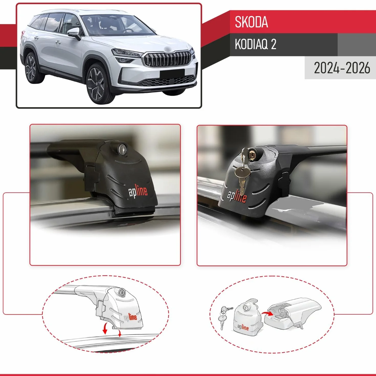 Aluminiowy bagażnik dachowy do Skoda Kodiaq 2 2024-2026, 2 poprzeczki, czarny