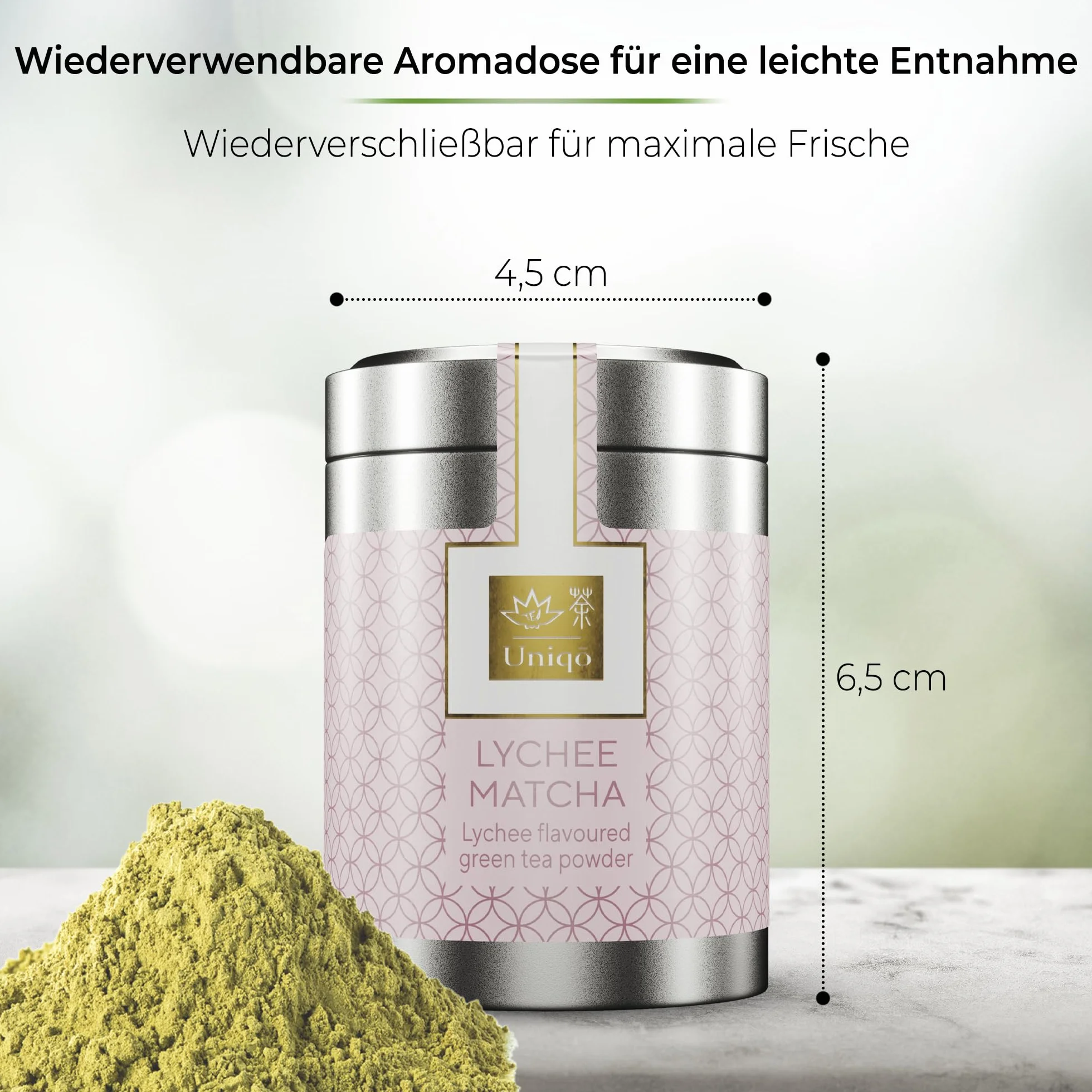Tea Uniqo – Litchi matcha w proszku – idealny do Bubbletea, lodu lub smoothies – matcha latte w proszku o smaku liczi, bez sztucznych barwników w szlachetnej puszce