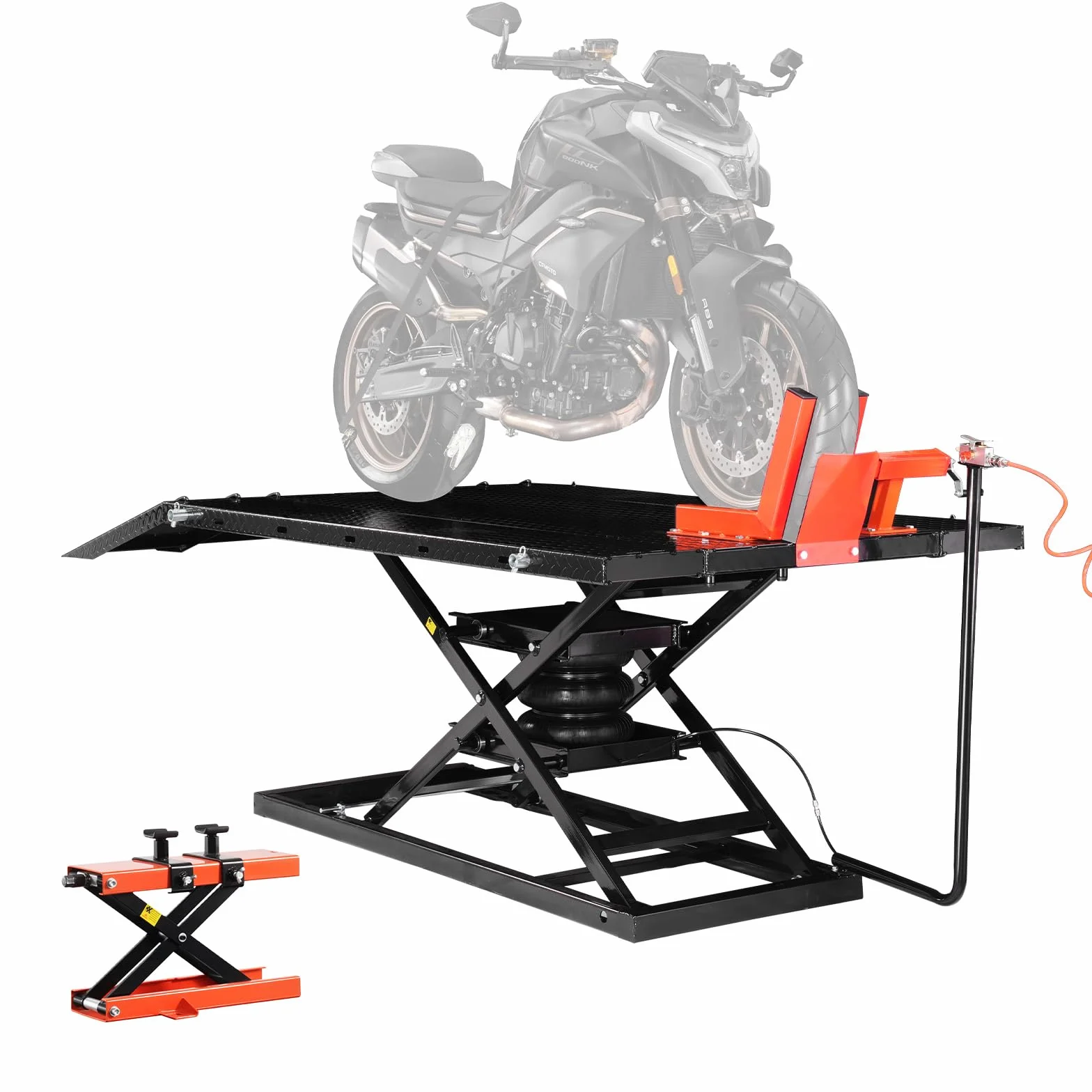 VEVOR Podnośnik motocyklowy z regulacją wysokości, ze zdejmowanym stołem warsztatowym, pneumatyczna platforma do naprawy pojazdów (obciążenie 680 kg/maks. wysokość podnoszenia 940,2 mm) do rowerów