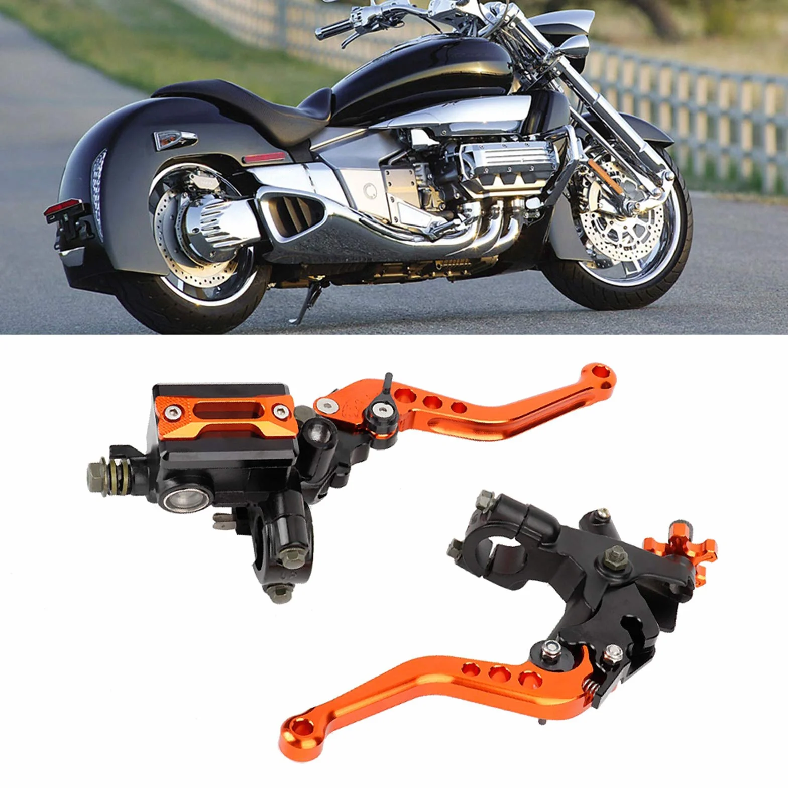 Jedna para lewej i prawej dźwigni sprzęgła, 1 para 7/8"(22 mm) uniwersalnych dźwigni zbiornika głównego cylindra sprzęgła hamulca motocykla (pomarańczowe)