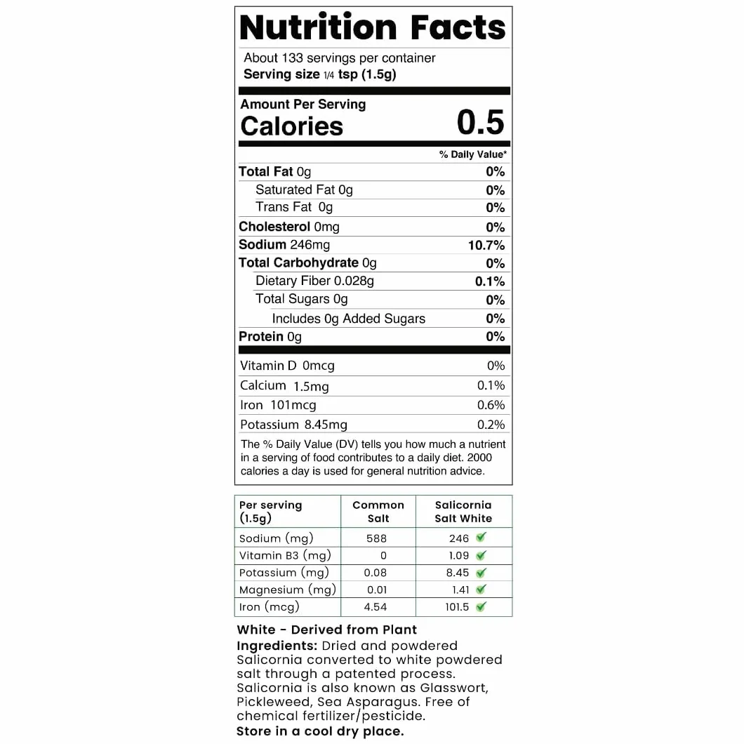 SaltWise Salicornia White Salt Low Sodium Salt Substitute Plant-Based Mineral Salt Kosher 100% Natural 7.05 oz