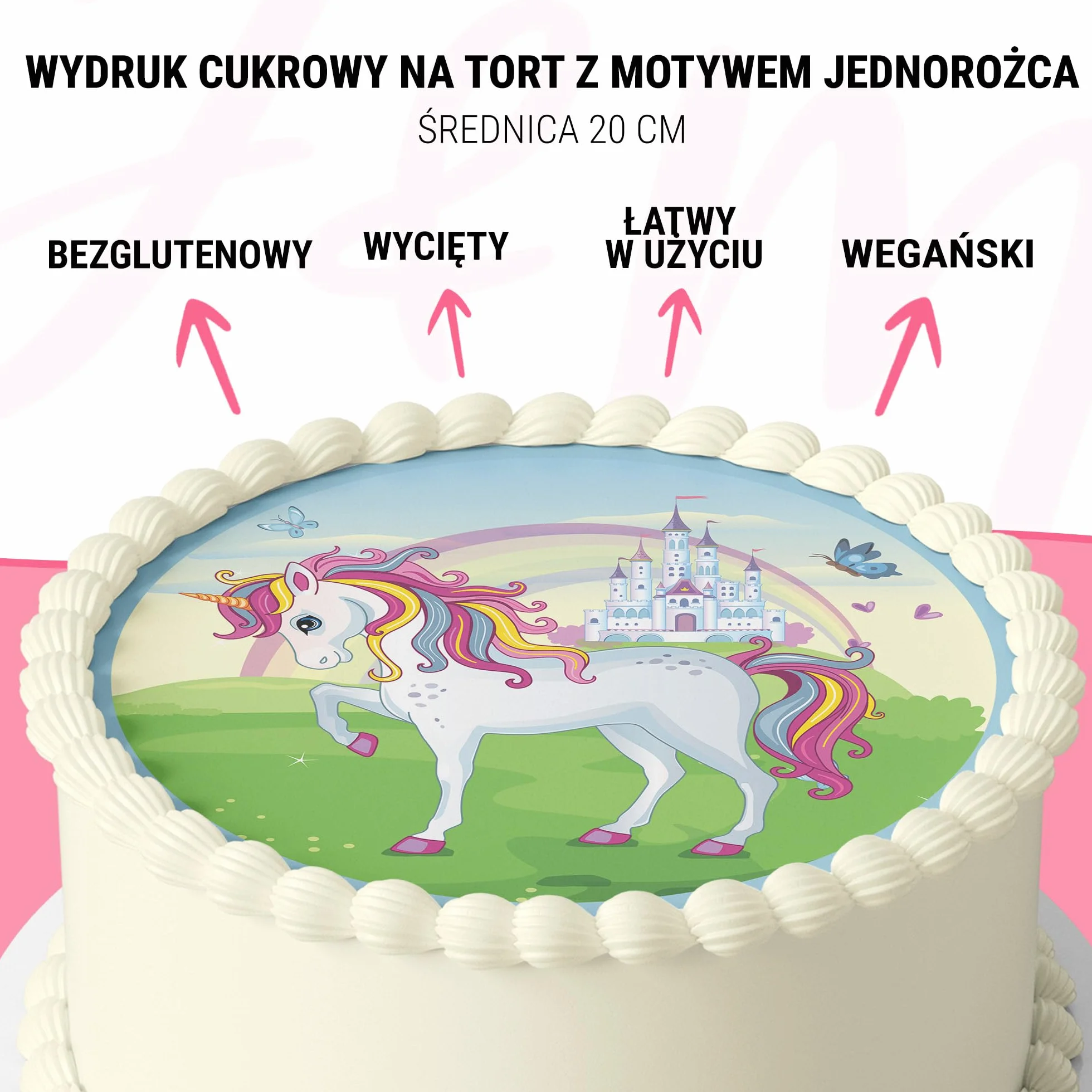 Jadalna dekoracja tortu jednorożec fondant okrągły Ø 20 cm