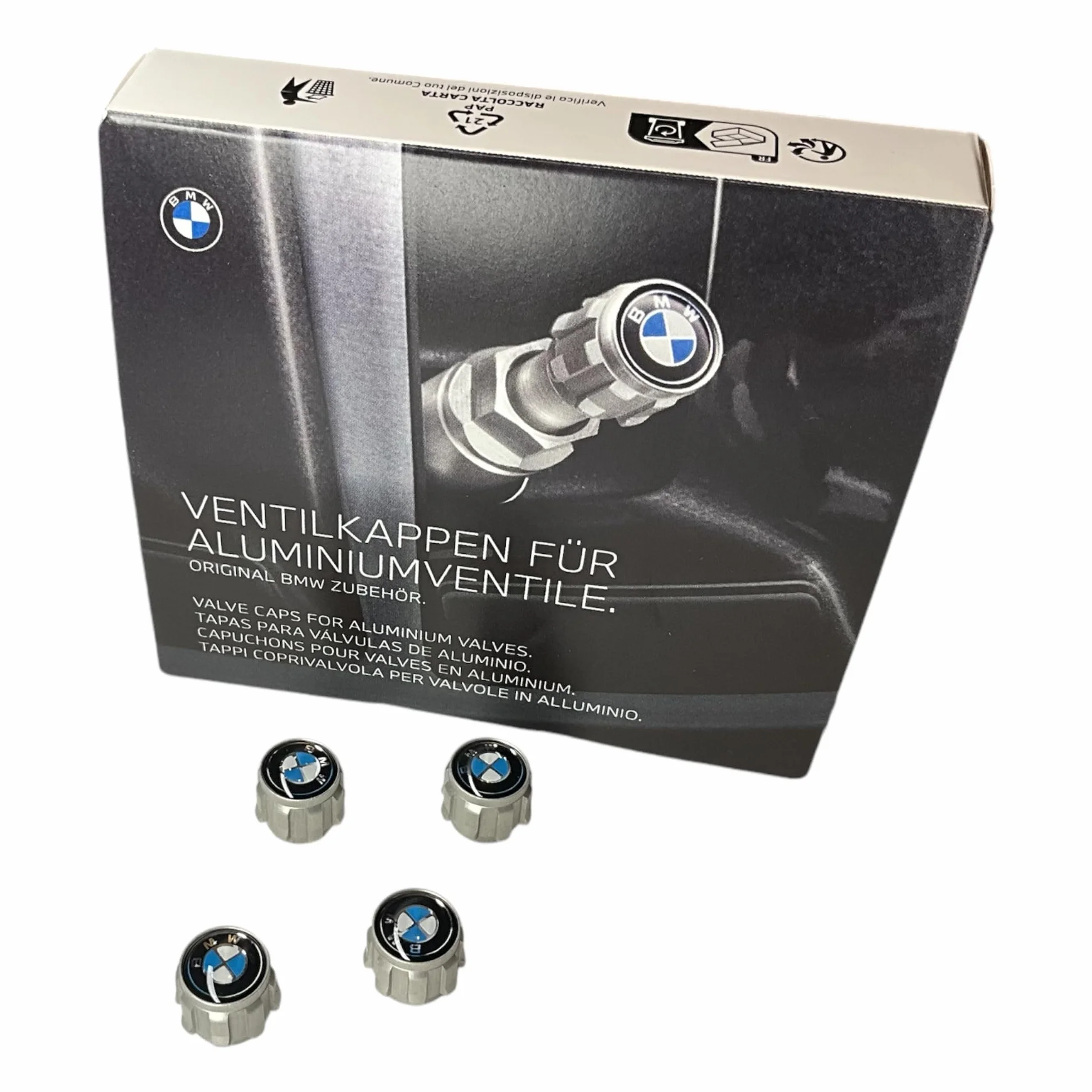BMW Oryginalny zestaw nasadek na wentyle z logo BMW z aluminium, zestaw 4 sztuk do pojazdów z Rdci, czarny, srebrny