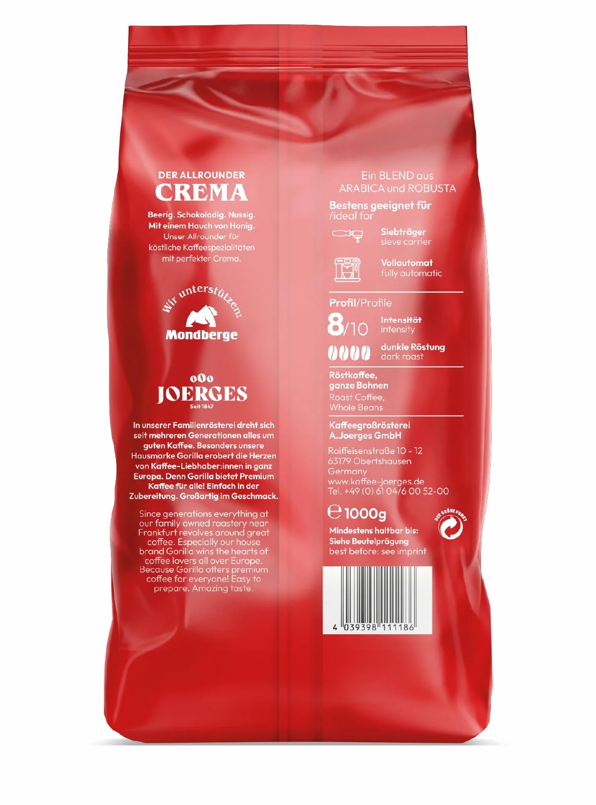 GORILLA Joerges Super Bar Crema, 1.000g, ganze Bohne, Röstgrad: dunkel