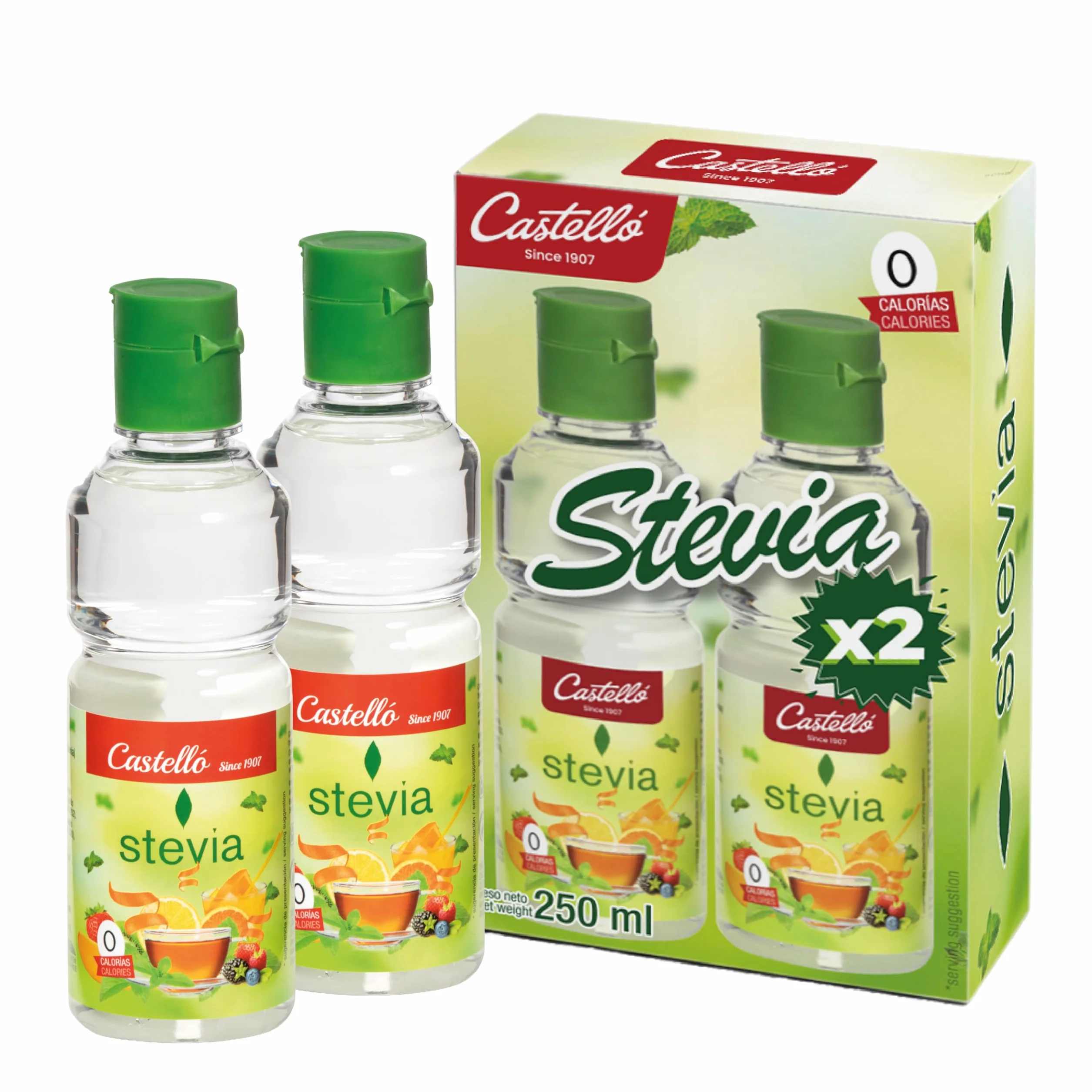 Castello since 1907 Zestaw 2x Stevia w Płynie 125ml | 750 porcji | 10 kropli = 1 łyżeczka cukru | Zamiennik Cukru | 0 Kalorii - 0 IG - Keto Wegańska