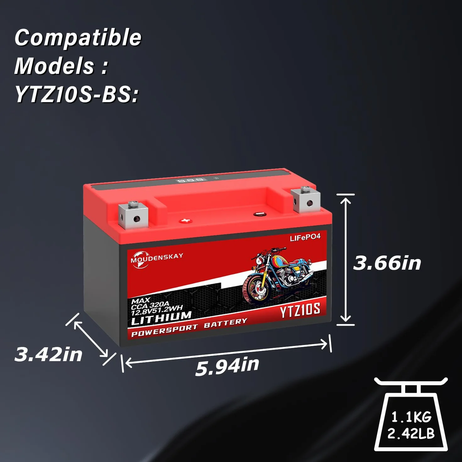 Akumulator litowy do motocykla 12 V Powersports z BMS i wskaźnikiem 51.2WH 4AH 300CCA YTZ10S-BS LiFePO4, akumulator rozruchowy do motocykla, ATV, UTV, pojazdów wodnych itp