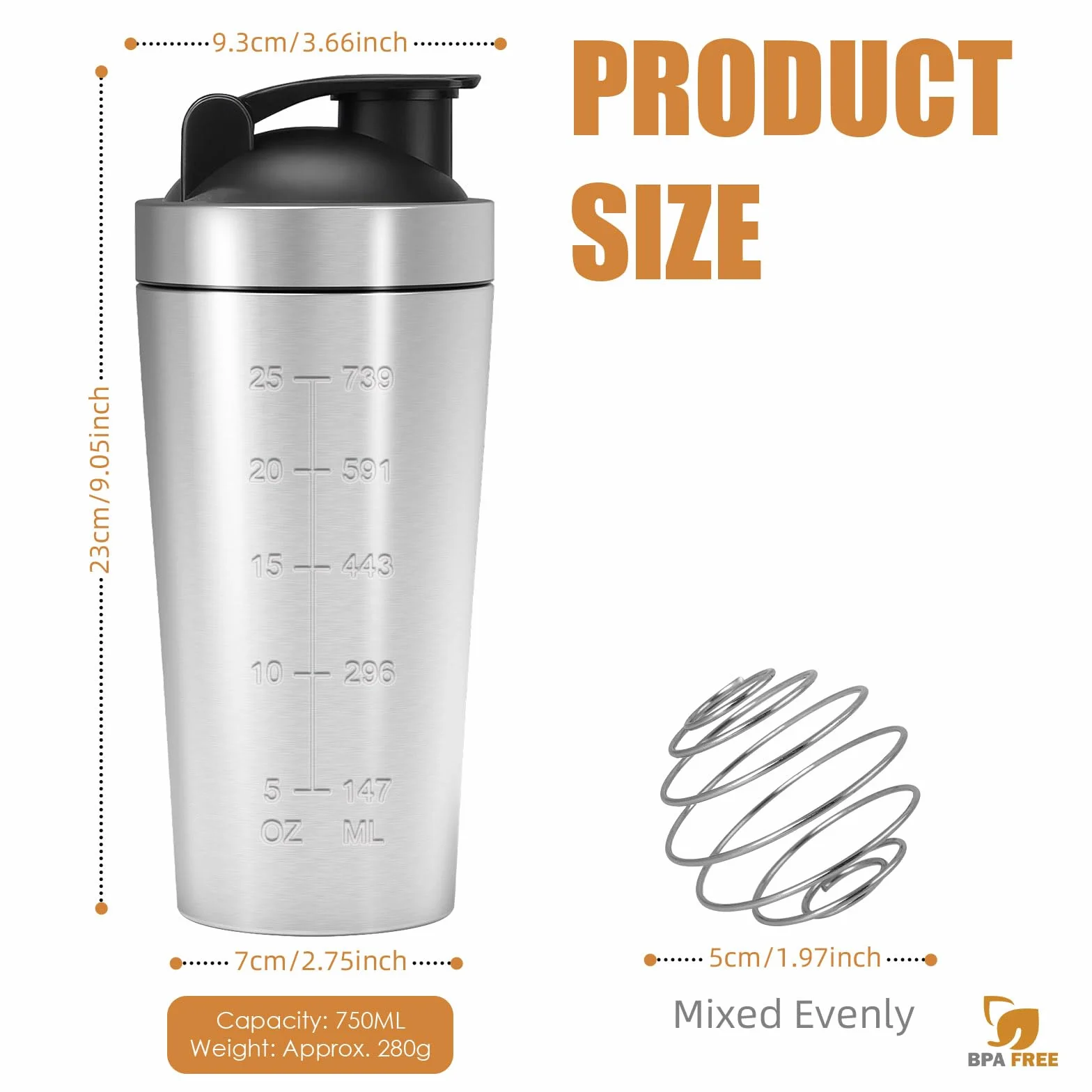 Shaker Proteinowy, 750 ml, Butelka na Białko ze Stali Nierdzewnej, Shaker z Kulką, Kubek do Shake'a, Stalowa Butelka do Napojów Proteinowych i Sportowych