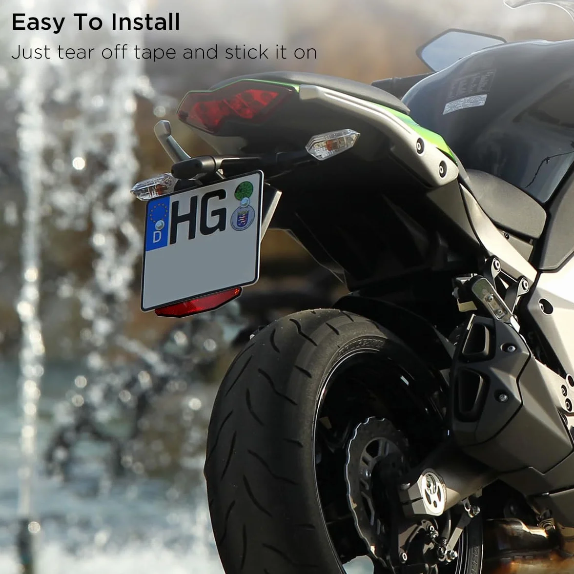 evermotor Odblaski motocyklowe z certyfikatem E4, odblaski tylne, czerwone kocie oczy z aluminiową płytką, samoprzylepne, uchwyt tablicy rejestracyjnej, naklejki na motocykl, 2 sztuki