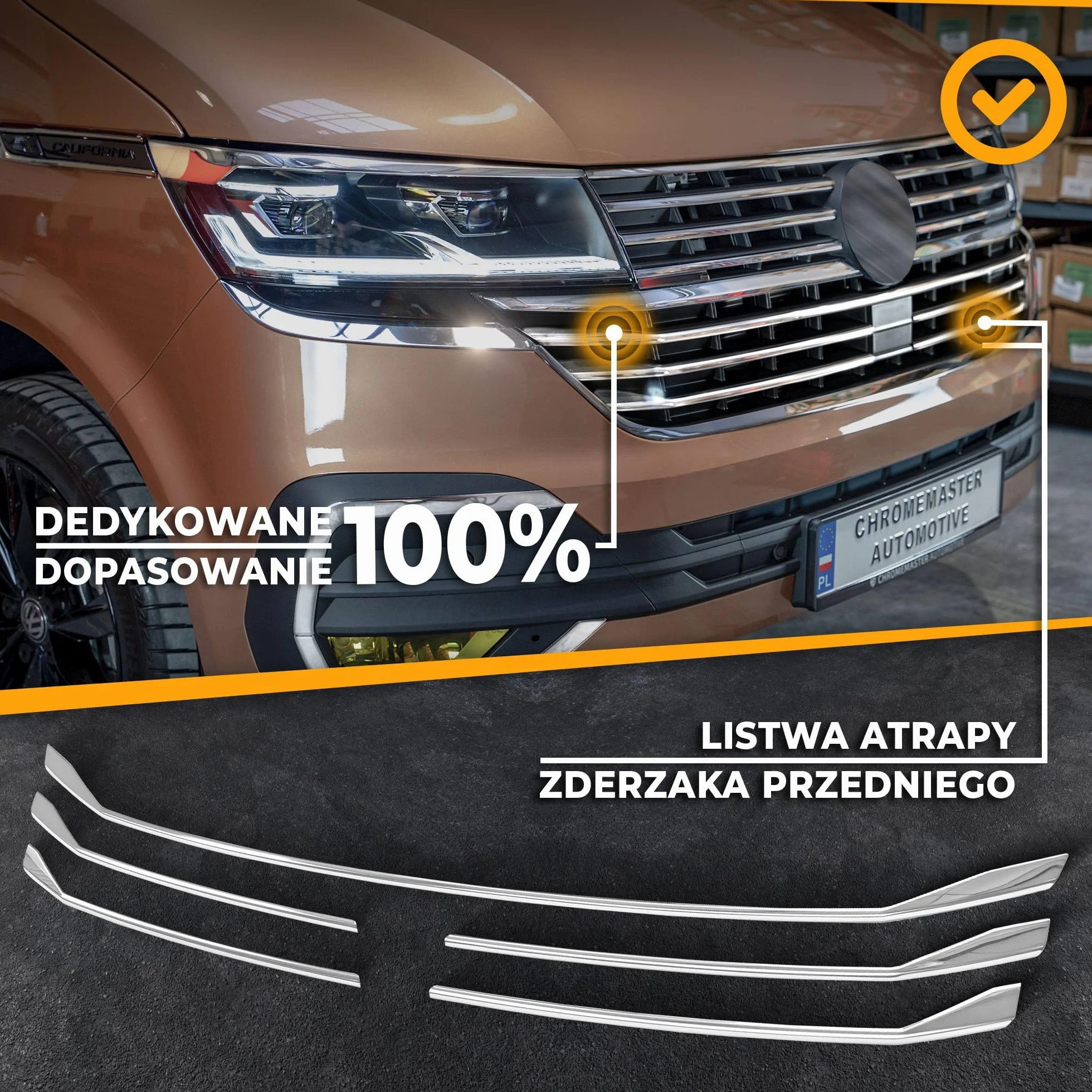 CHROMEMASTER | Kompatybilna z VW T6.1 California 2019-2024 | Listwa Atrapy Zderzaka Przedniego; Stal Nierdzewna Polerowana | Idealne Dopasowanie; Nowy, Atrakcyjny Wygląd Samochodu