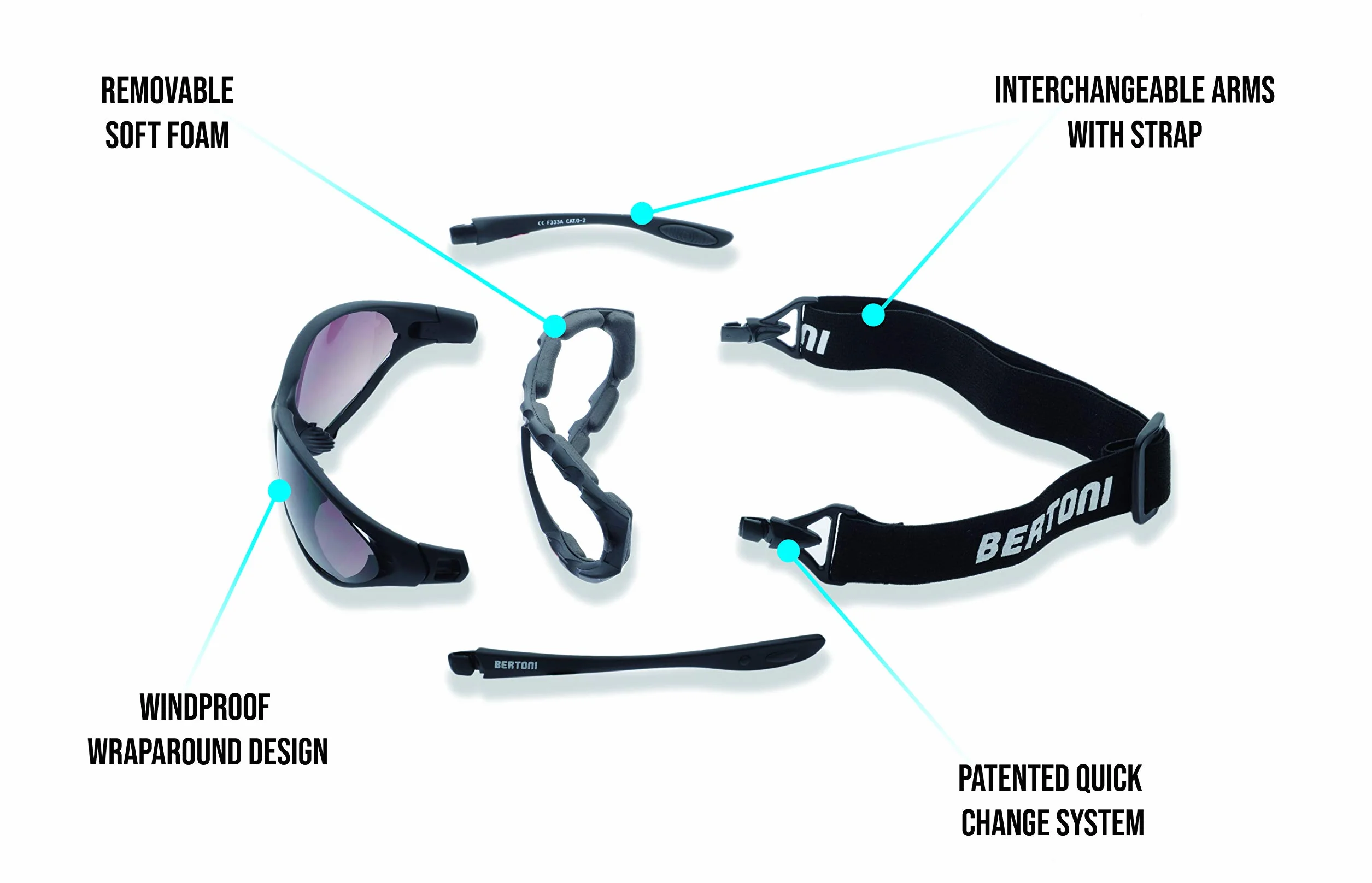 BERTONI Fotochromowe okulary motocyklowe z polaryzacją okulary ochronne, samotonujące ochrona przed zaparowaniem, ochrona przed promieniowaniem UV, z wymiennymi zausznikami lub opaską na głowę - model
