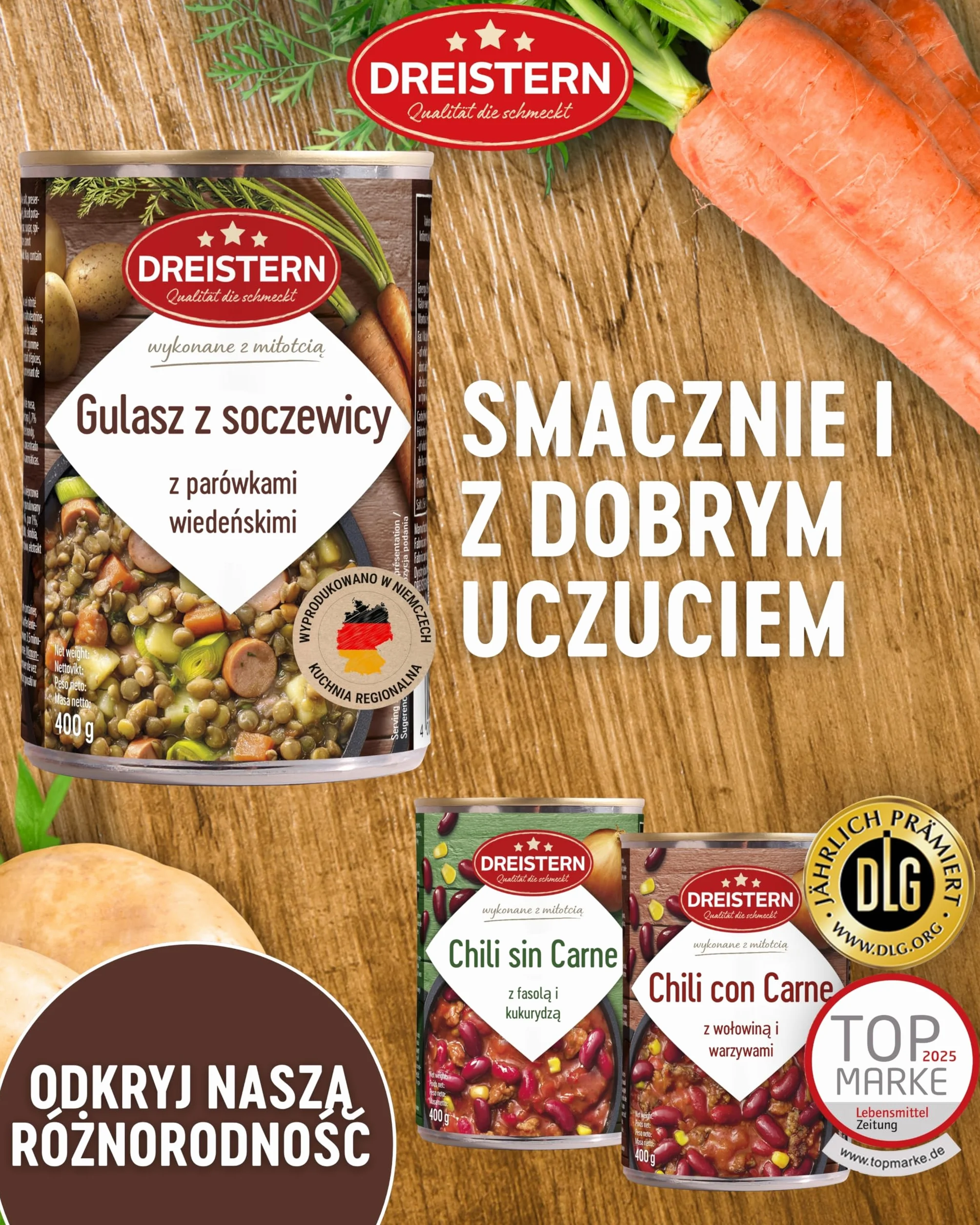 DREISTERN Gulasz z Soczewicy z Kiełbasą Wiedeńską (w Plastrach), Gotowy Posiłek, w Blaszanym Pudełku, Jakość, Która Dobrze Smakuje