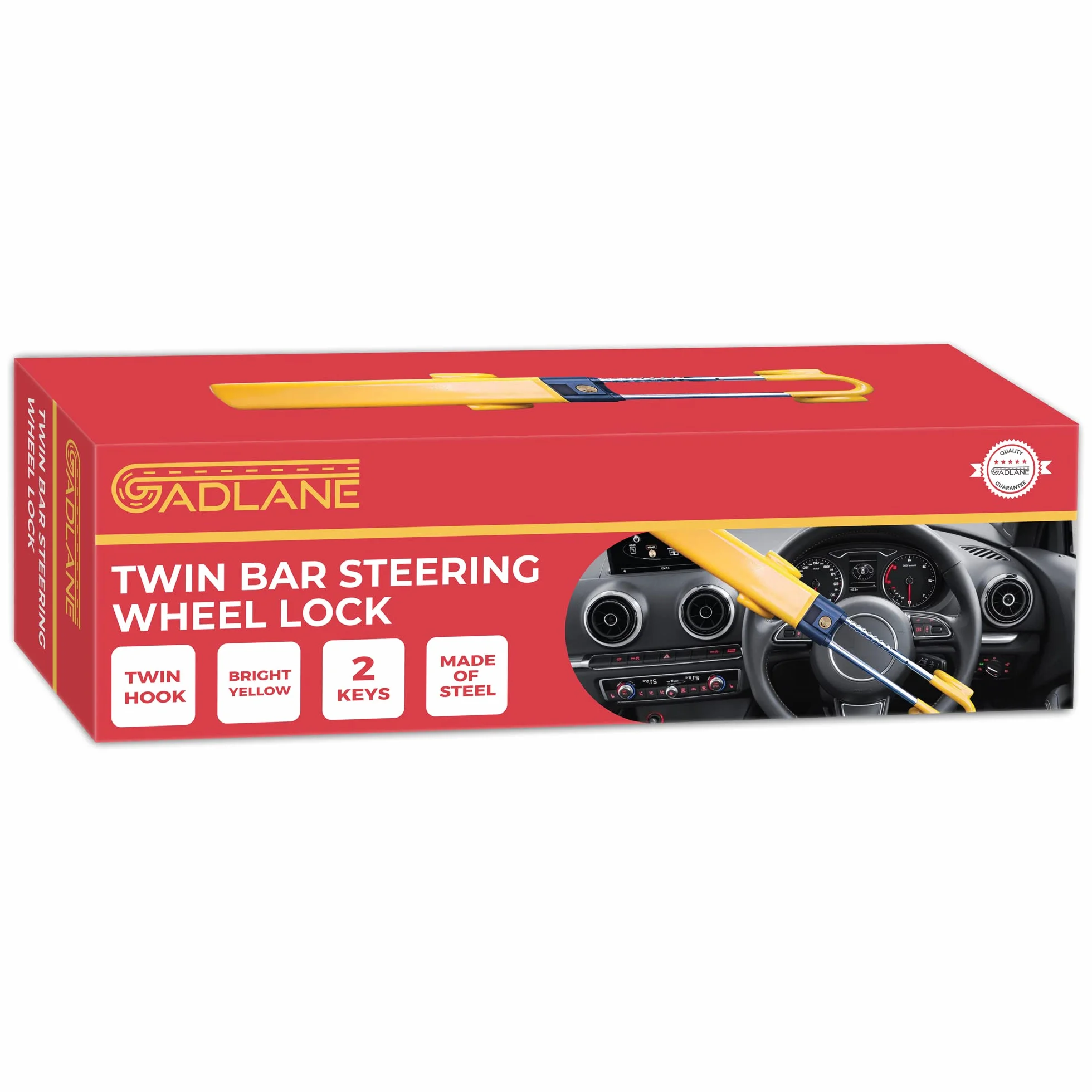 GADLANE Podwójna blokada kierownicy – zabezpieczenie przed kradzieżą o wysokiej widoczności, blokada kierownicy samochodu, silne zabezpieczenie samochodu do samochodów, furgonetki i przyczepy