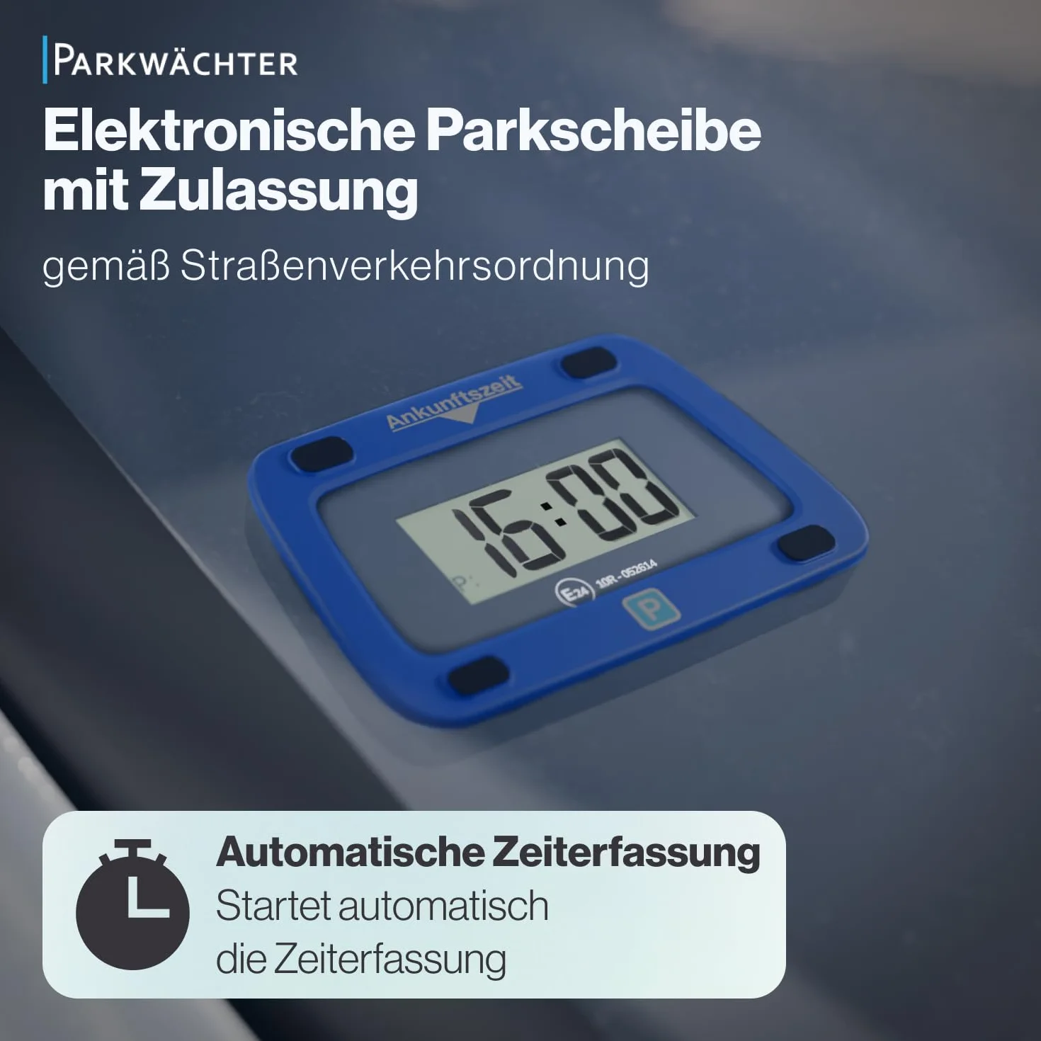 Parkwächter v0 Elektroniczna tarcza parkingowa z dopuszczeniem do ruchu drogowego – automatyczny zegar parkingowy zgodnie z niemieckim prawem o ruchu drogowym – kolor niebieski – 111 x 72 x 25 mm