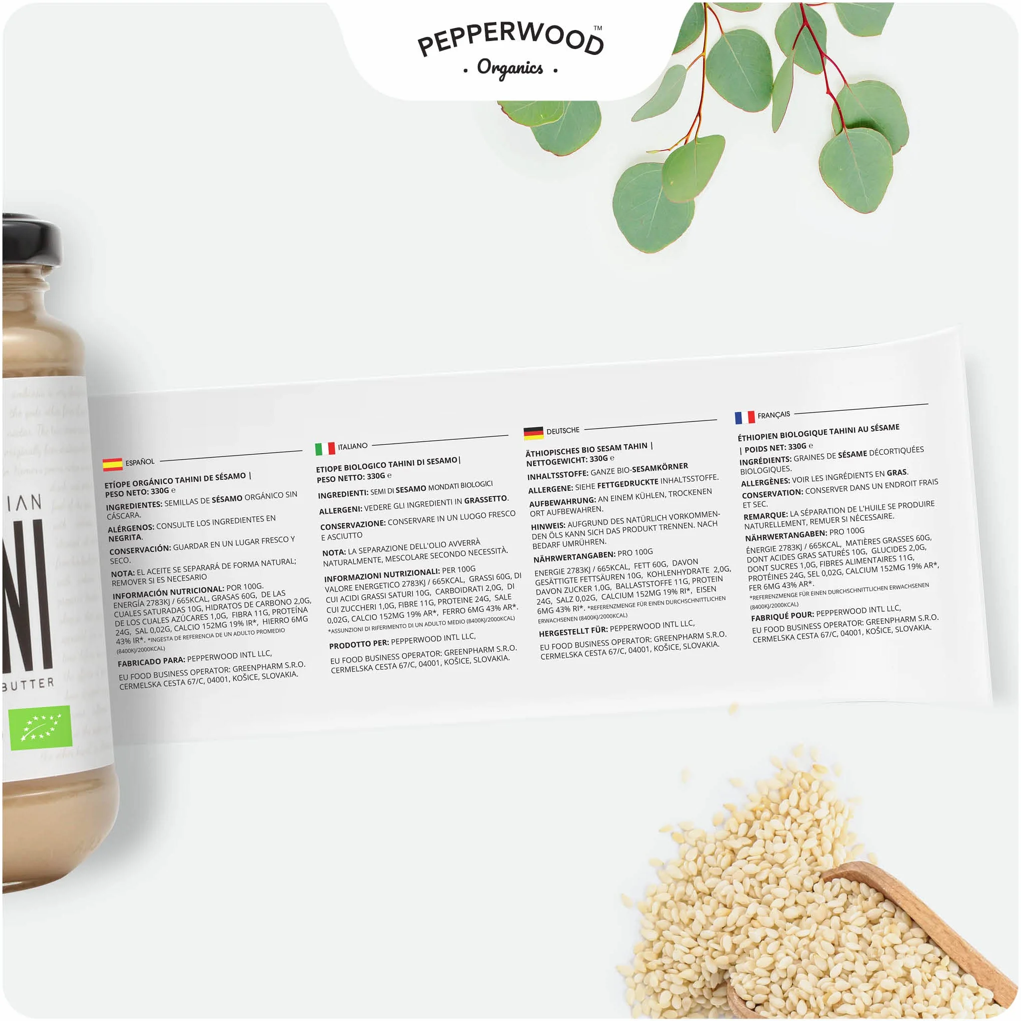 Organiczna pasta sezamowa tahini - kamienna ziemia - jedwabiście gładka tekstura w hummusie, dipach, dressingach - niesolona, bez orzechów, koszerna, paleo, keto 330 g szklany słoik (2-pak) Pepperwood