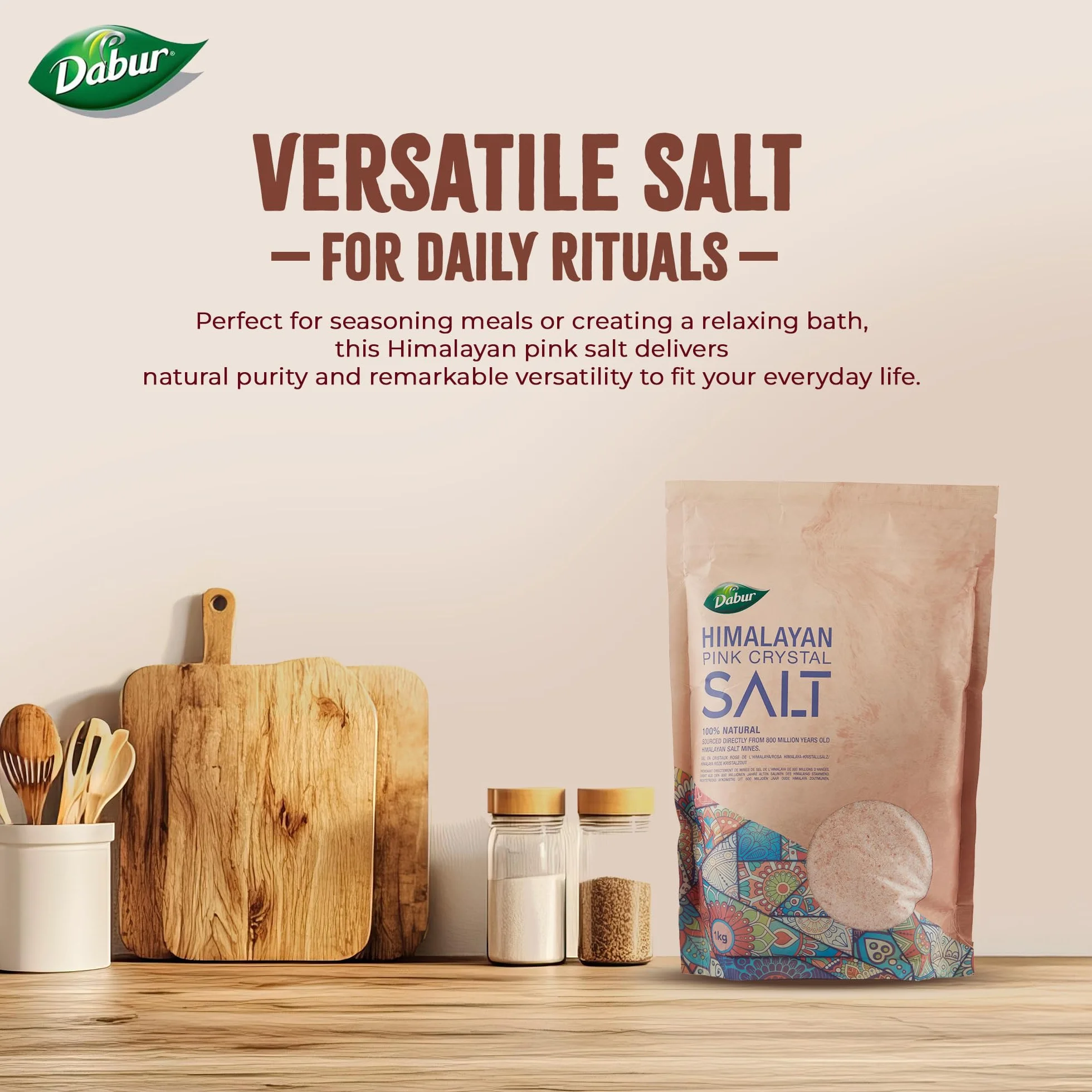 Dabur Himalayan Pure Pink Crystal Salt 1kg Natural Unrefined Gluten Free Halal Kosher Certified
