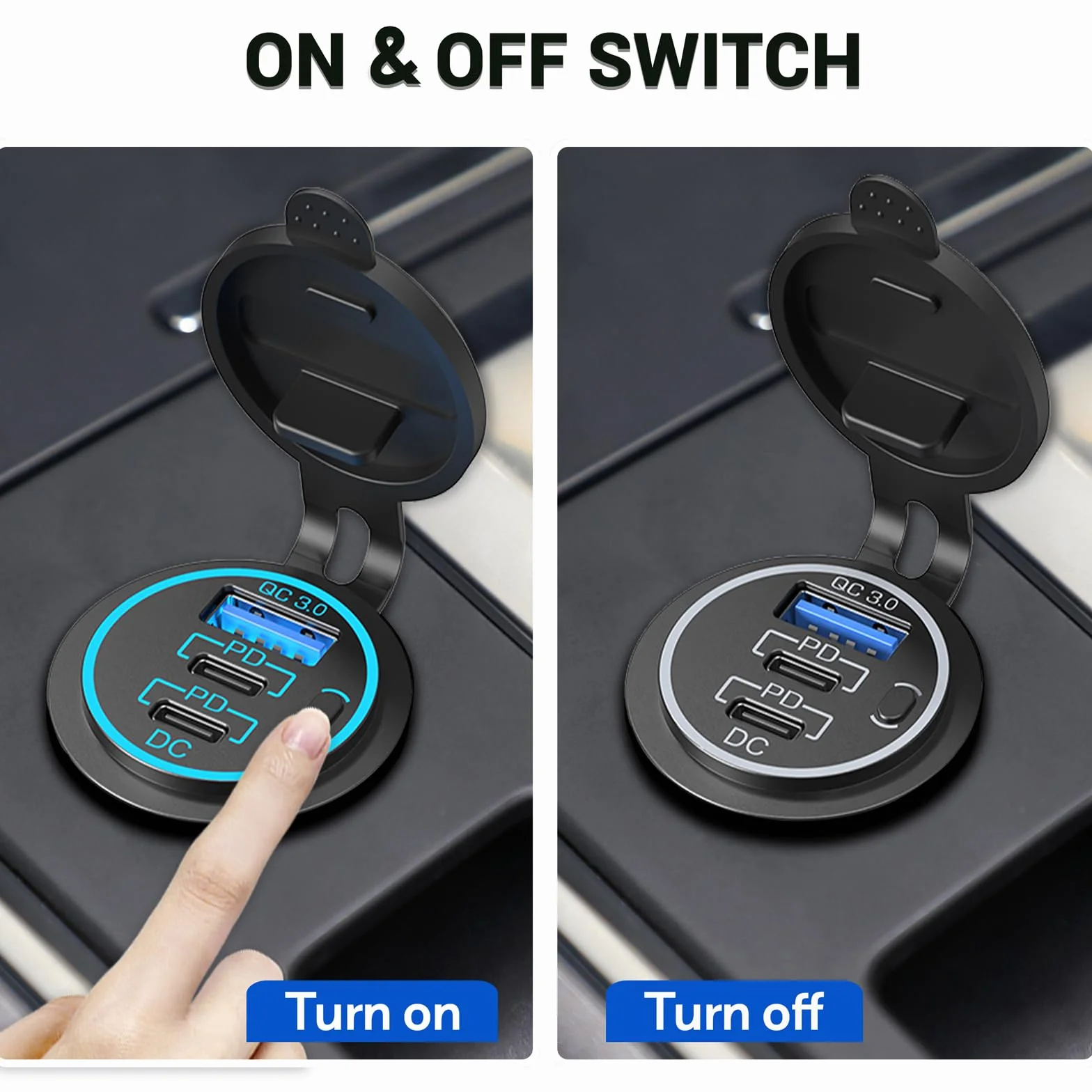 96 W PD 3.0 gniazdo USB C 12 V do montażu: podwójne gniazdo USB typu C, wodoszczelne gniazdo zapalniczki samochodowej 12 V, adapter z przełącznikiem, do samochodów kempingowych, motocykli, łodzi