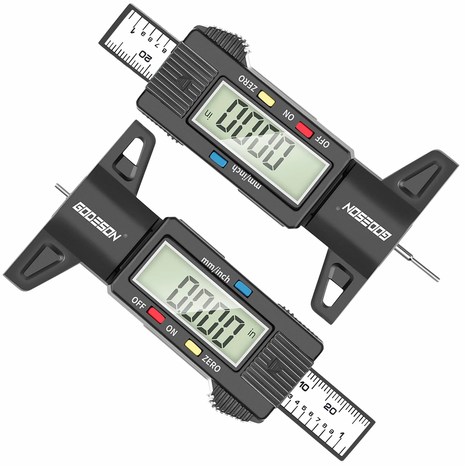 GODESON Cyfrowy Miernik Głębokości Bieżnika Opon 2 szt. – Profesjonalny Pomiar 0-25,4 mm z Dużym Wyświetlaczem LCD do Motocykli, Samochodów Osobowych i Ciężarówek (mm/cal)