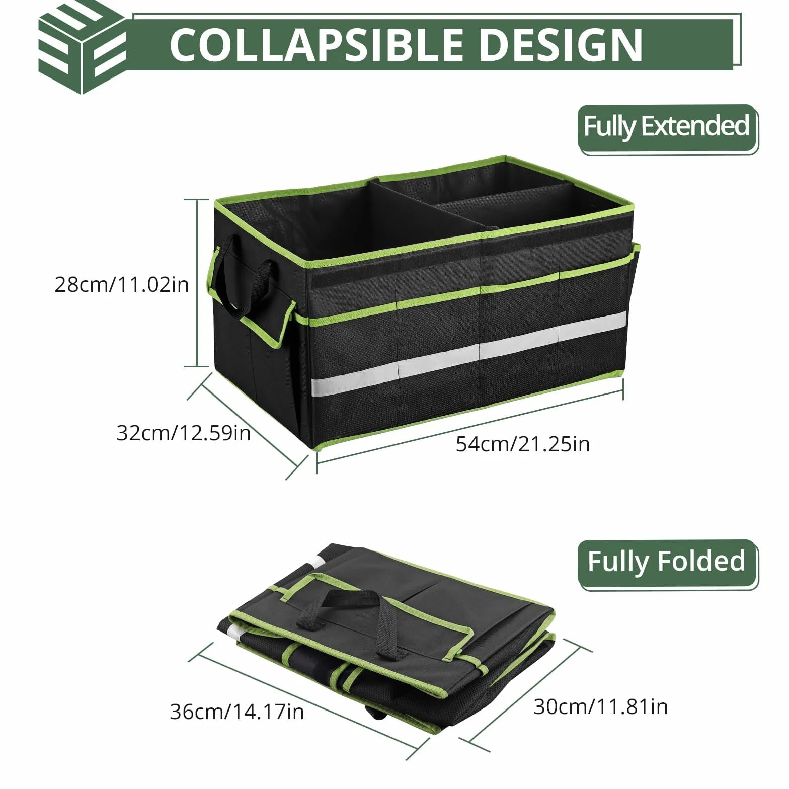 EYPINS Organizer do bagażnika z pokrywką, składany, wodoodporny organizer do bagażnika z wieloma przegródkami, odblaskowe paski, 55 x 32,5 x 28 cm