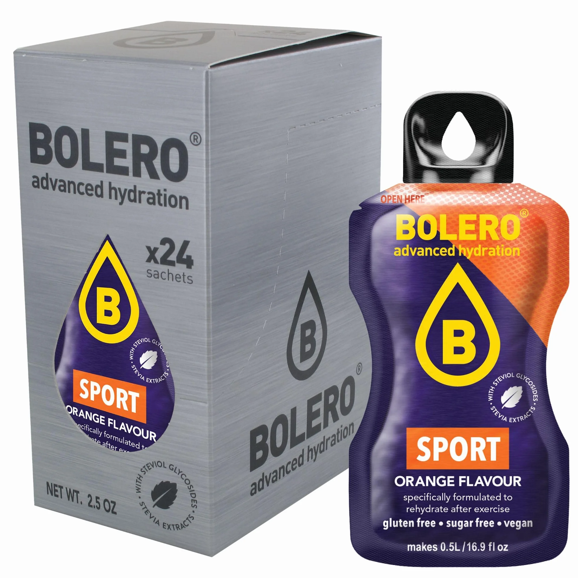 Bolero SPORT 24x3g | Proszek do napojów bez cukru, słodzony stewią + witamina C | odpowiedni dla dzieci, sportowców i diabetyków | bezglutenowy i przyjazny dla wegan
