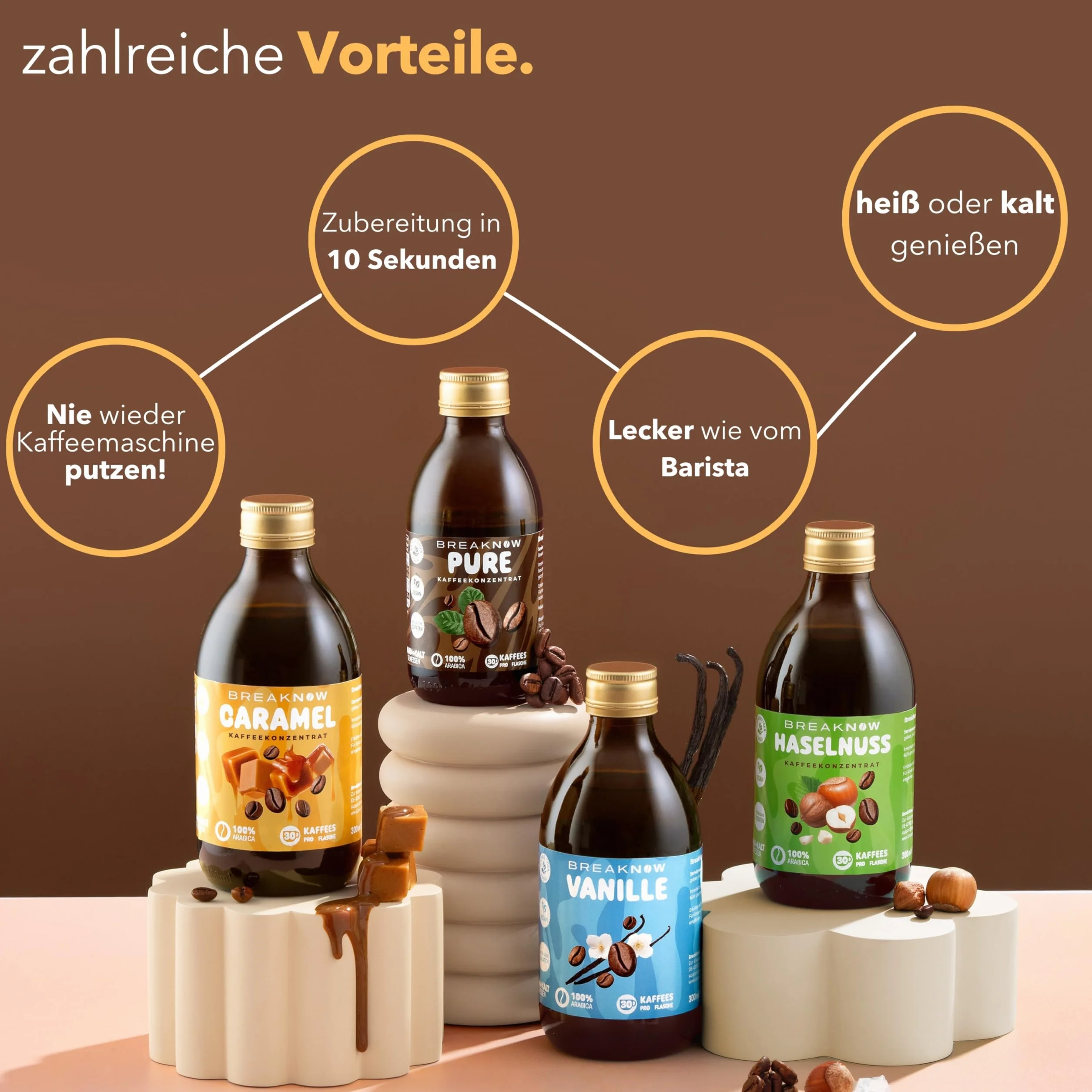 BreakNow – Caramel Macchiato – koncentrat kawy – o pysznym karmelowym aromacie – syrop kawowy, do kawy mrożonej, Cold Brew, Cappuccino, Frappé itd. – kawa gotowa w zaledwie 10 sekund – 1 butelka = 30