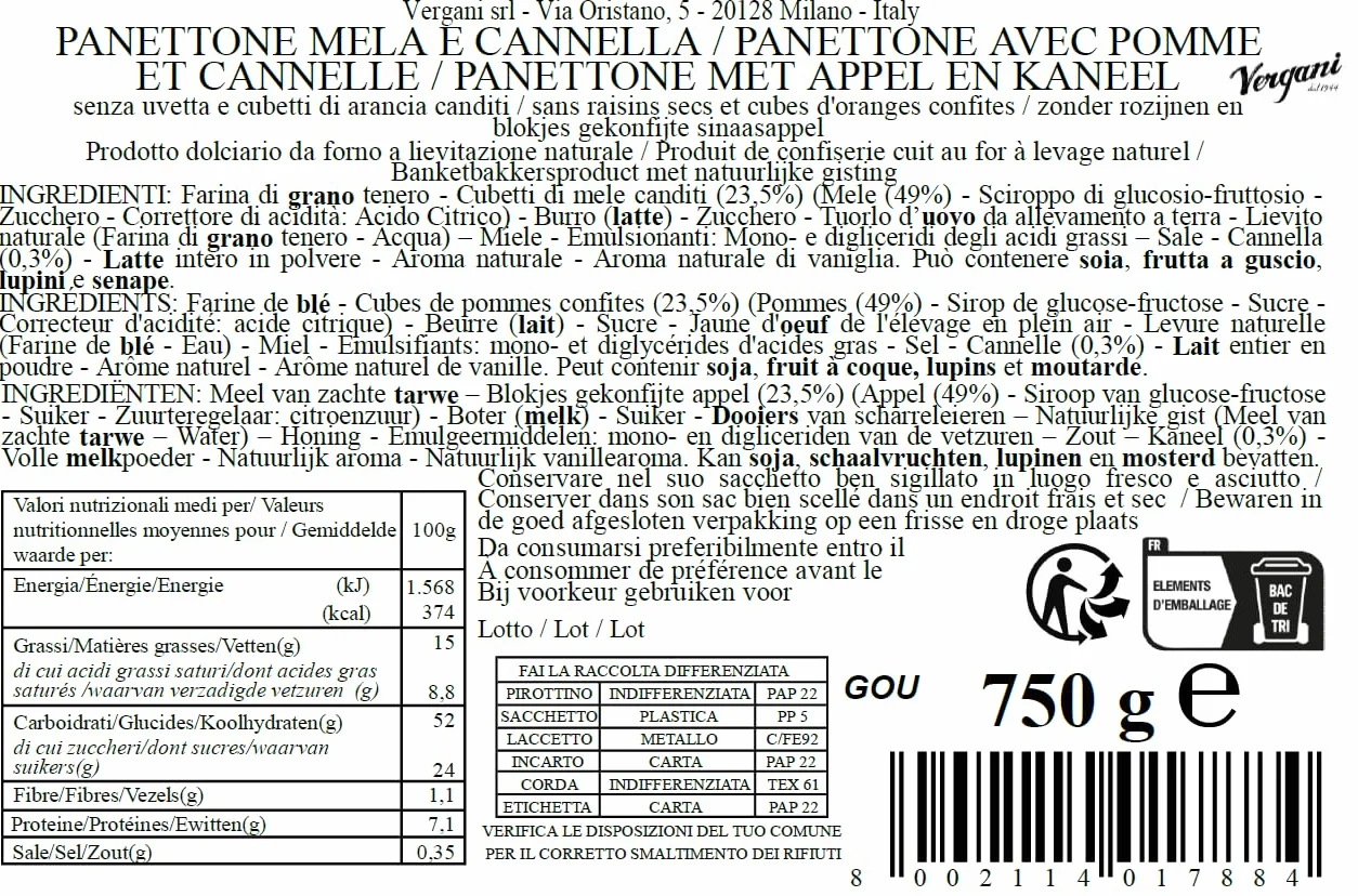 Vergani Panettone Gourmet Jabłko i Cynamon 750g