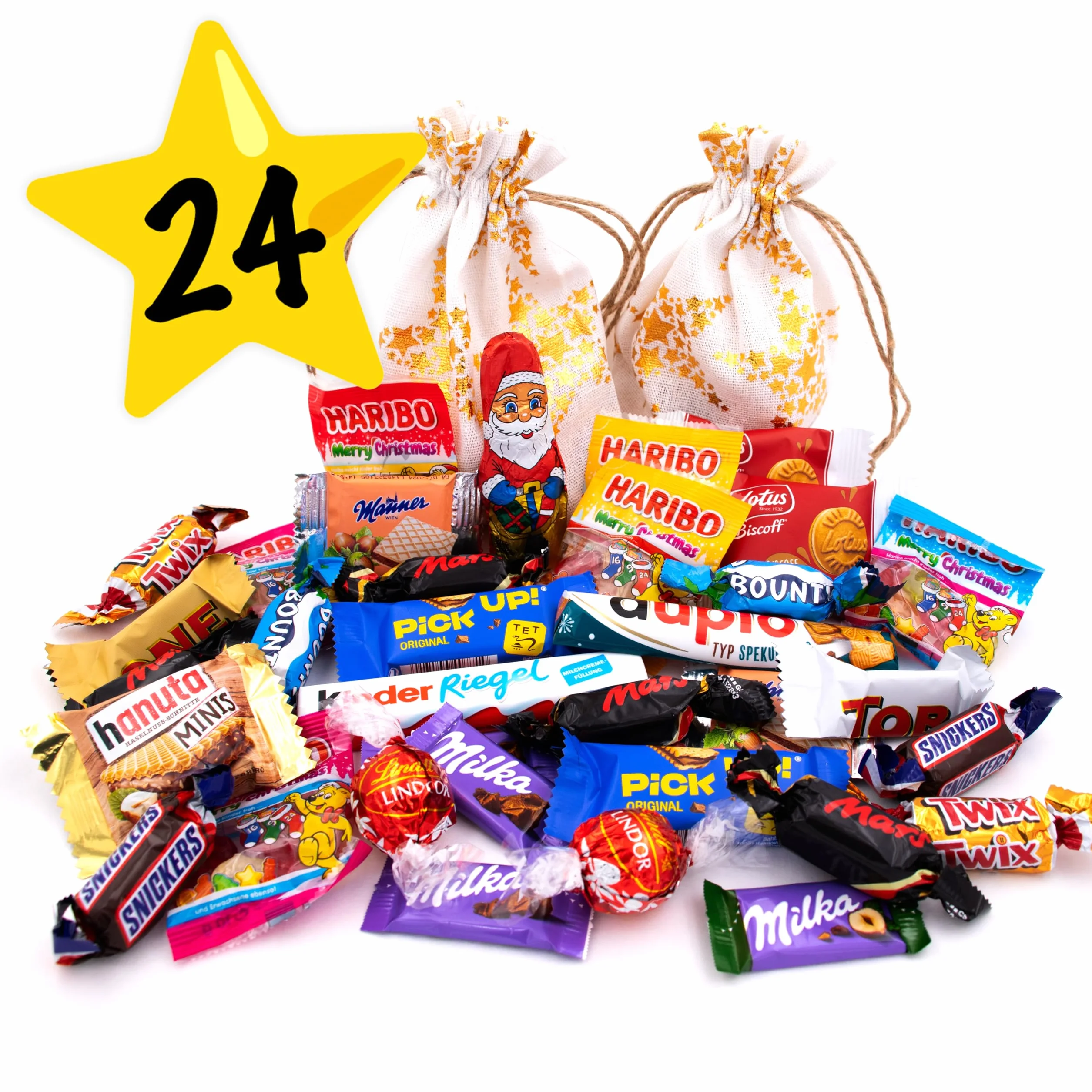 Kalendarz adwentowy z wypełnieniem dla dzieci – różne słodycze na 24 drzwiczki – Lindt, Milka, Haribo, Lotus, Snickers itd.