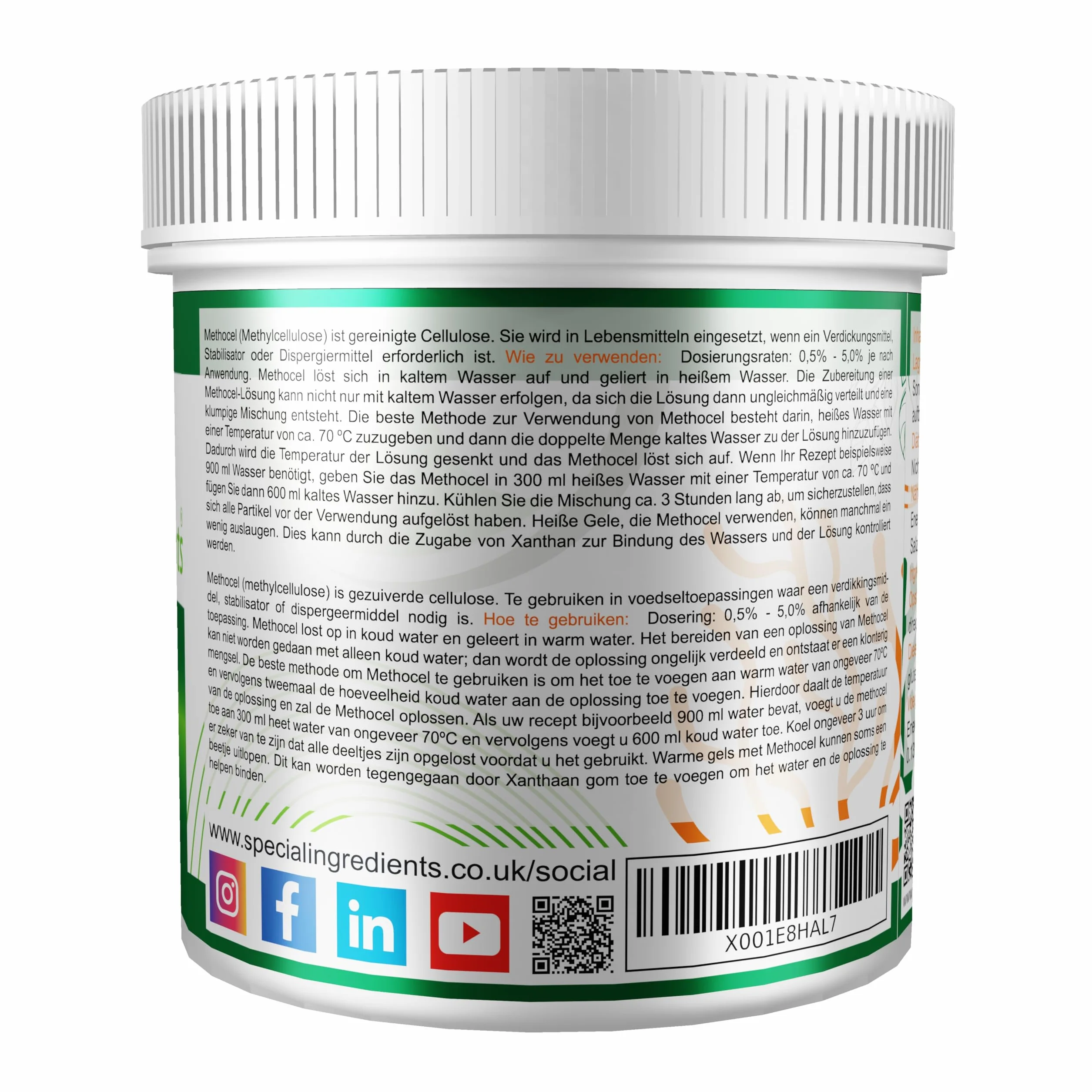 METHOCEL (metyloceluloza) 100 g PRODUKCJA CIEPŁYCH ŻELI, KTÓRE TOPIĄ SIĘ W USTACH (NIEMIECKIE ETYKIETY I INSTRUKCJE)