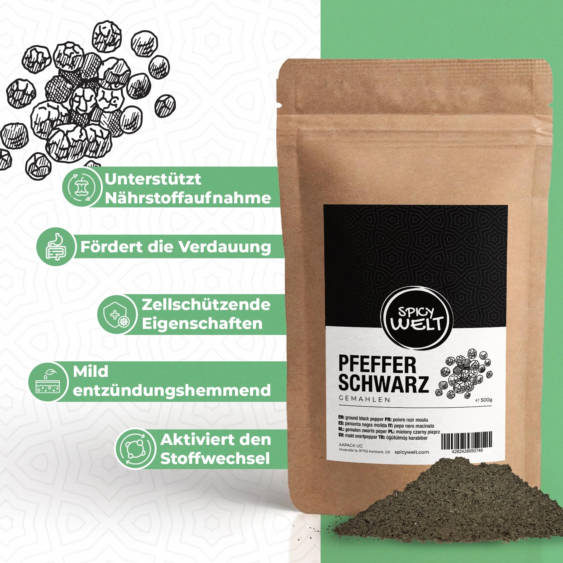 Spicy Welt Pieprz Czarny Mielony (100g) – Zmielony Pieprz do Zup, Sosów, Pierogów, Sałatek, Ryb i Drobiu | Aromatyczny, Wyrazisty, Pikantny | 100% Naturalny, Bez Dodatków
