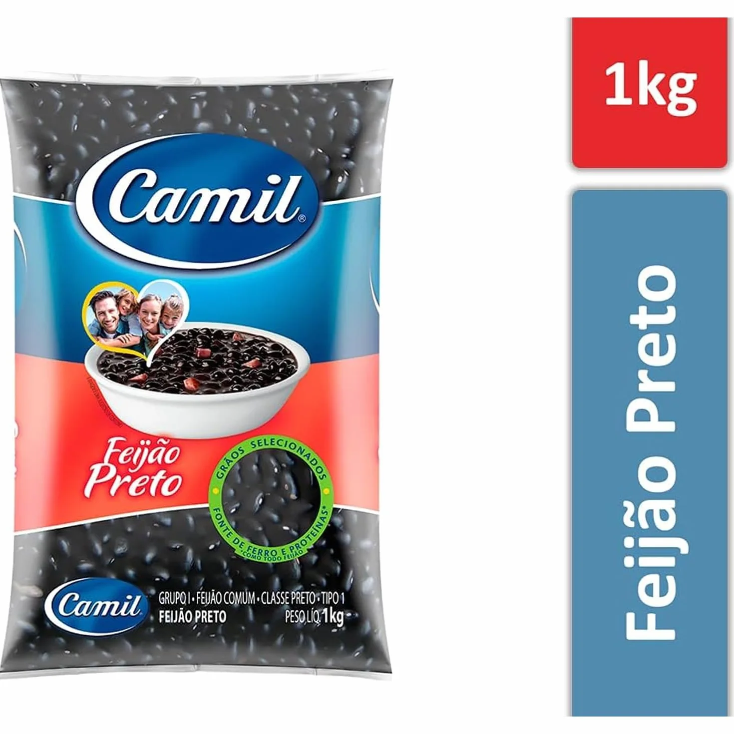 Camil Feijão Preto 1 kg z naklejką Kajal | wysokiej jakości czarna fasola z Brazylii | idealna do tradycyjnych potraw, takich jak feijoada i sałatki, błonnik, wegański i bezglutenowy
