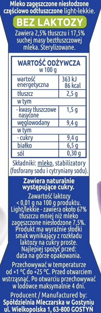 SM Gostyń Mleko zagęszczone niesłodzone gostyńskie Light bez laktozy 2,5% tłuszczu 500 g