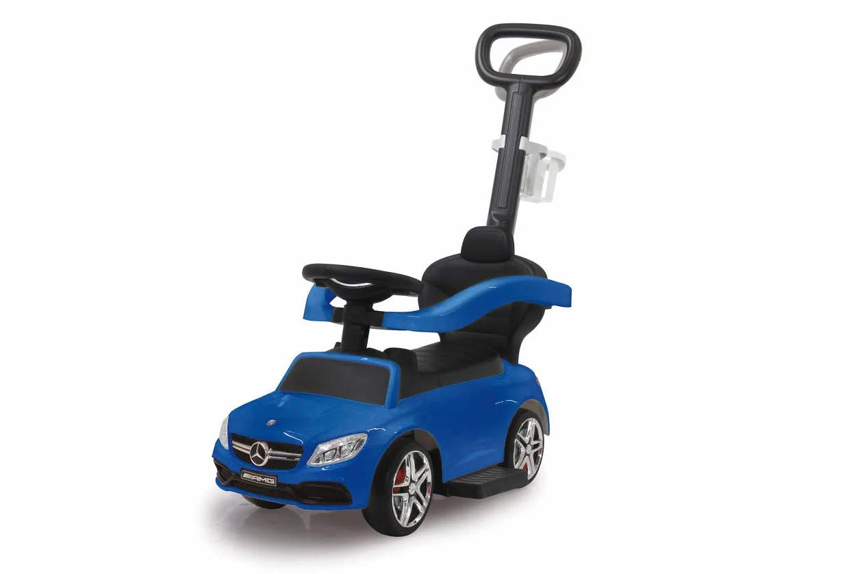 JAMARA 460447 – zjeżdżalnia Mercedes-AMG C 63 3 w 1 – ochrona przed przewróceniem, bagażnik, popychacz i drążek z funkcją kierownicy, oparcie, pałąk ochronny, wysuwany podnóżek, dźwięk/klakson na kierownicy, niebieski