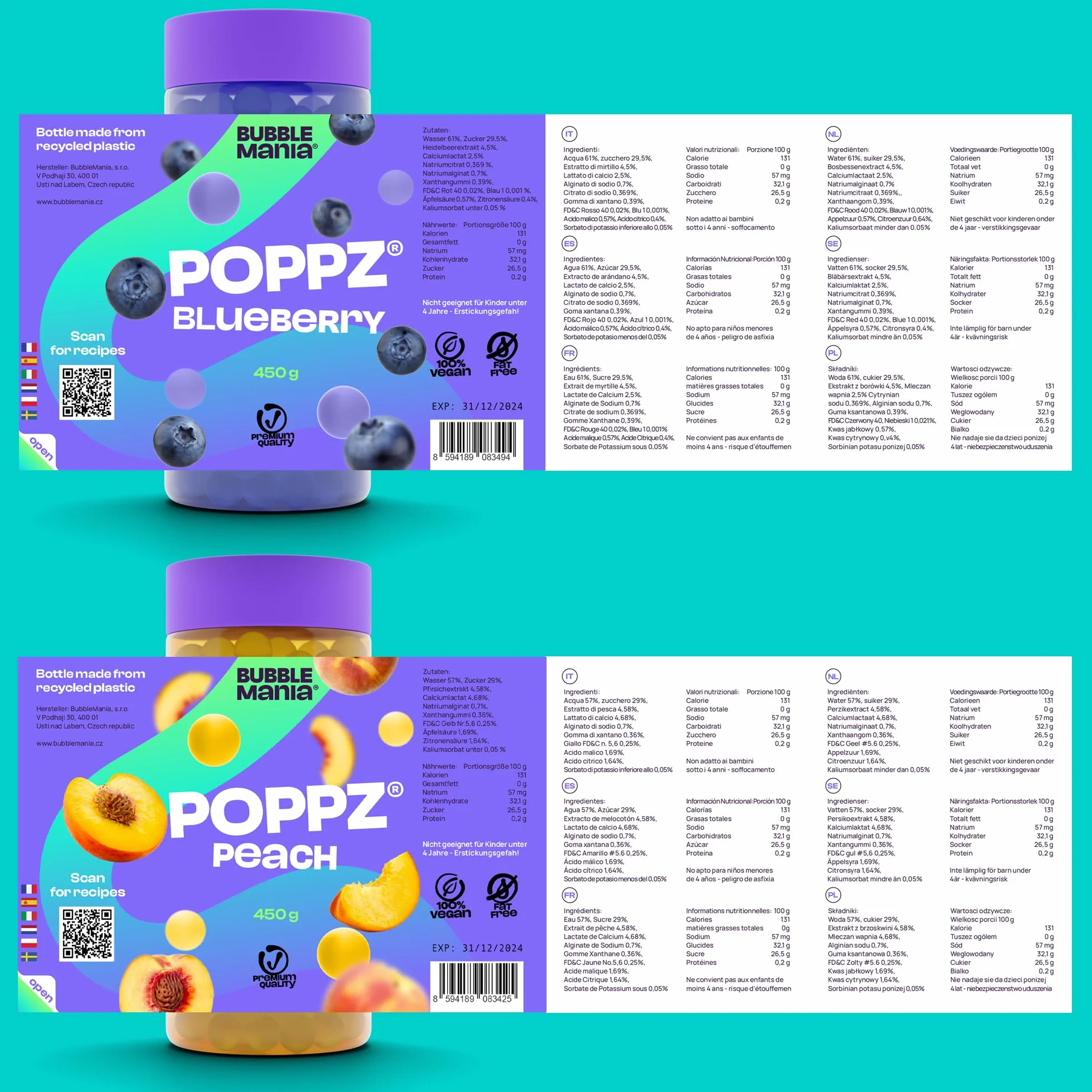 Popping Boba Perły Owocowe do Bubble Tea - Arbuz, Brzoskwinia, Jagoda - Bubble Mania